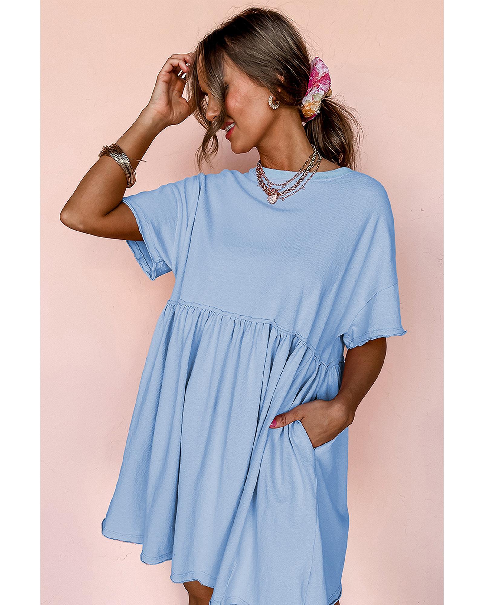 Sky Blue Solid Color Pocketed Raw Edge Babydoll Dress - S