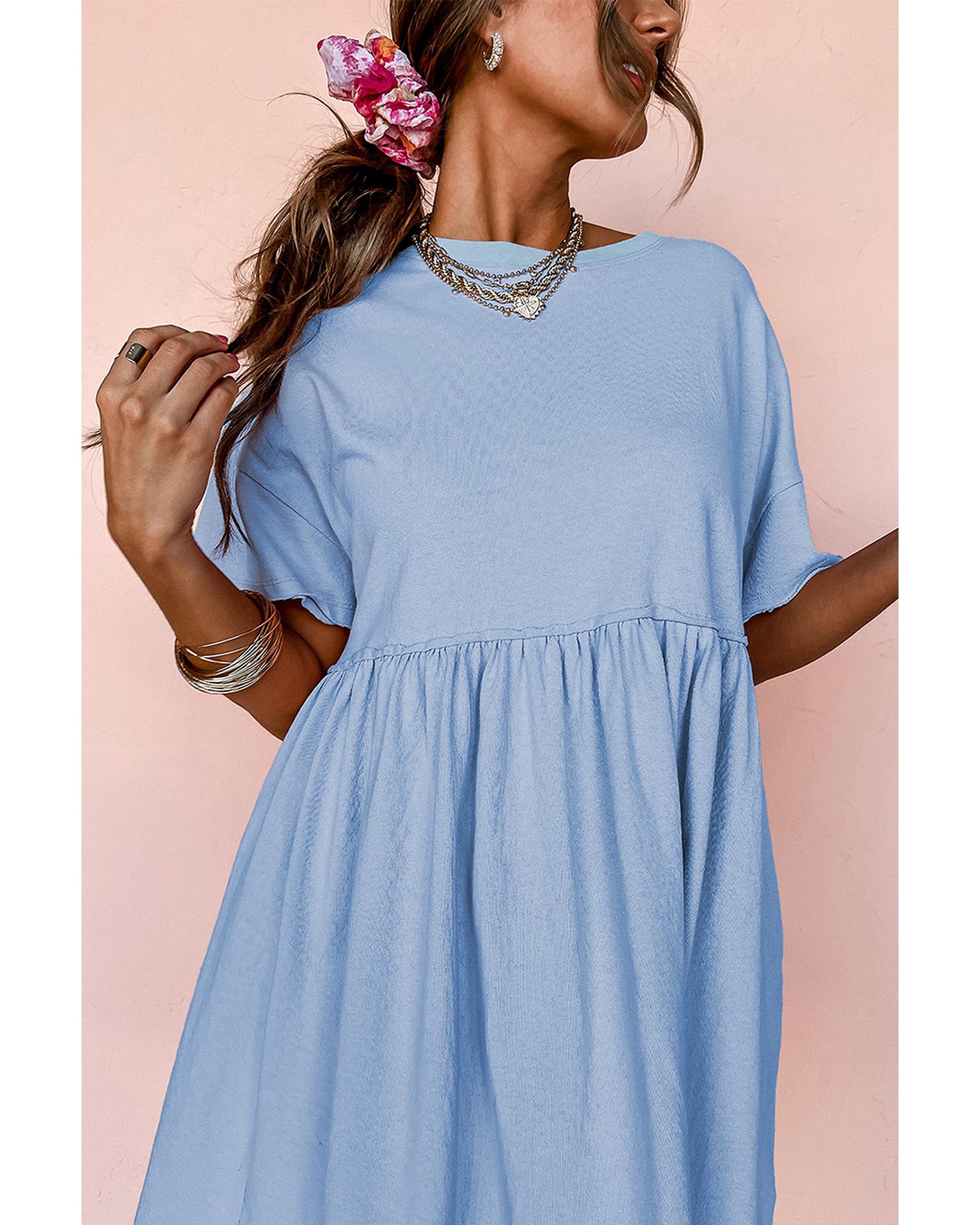 Sky Blue Solid Color Pocketed Raw Edge Babydoll Dress - S