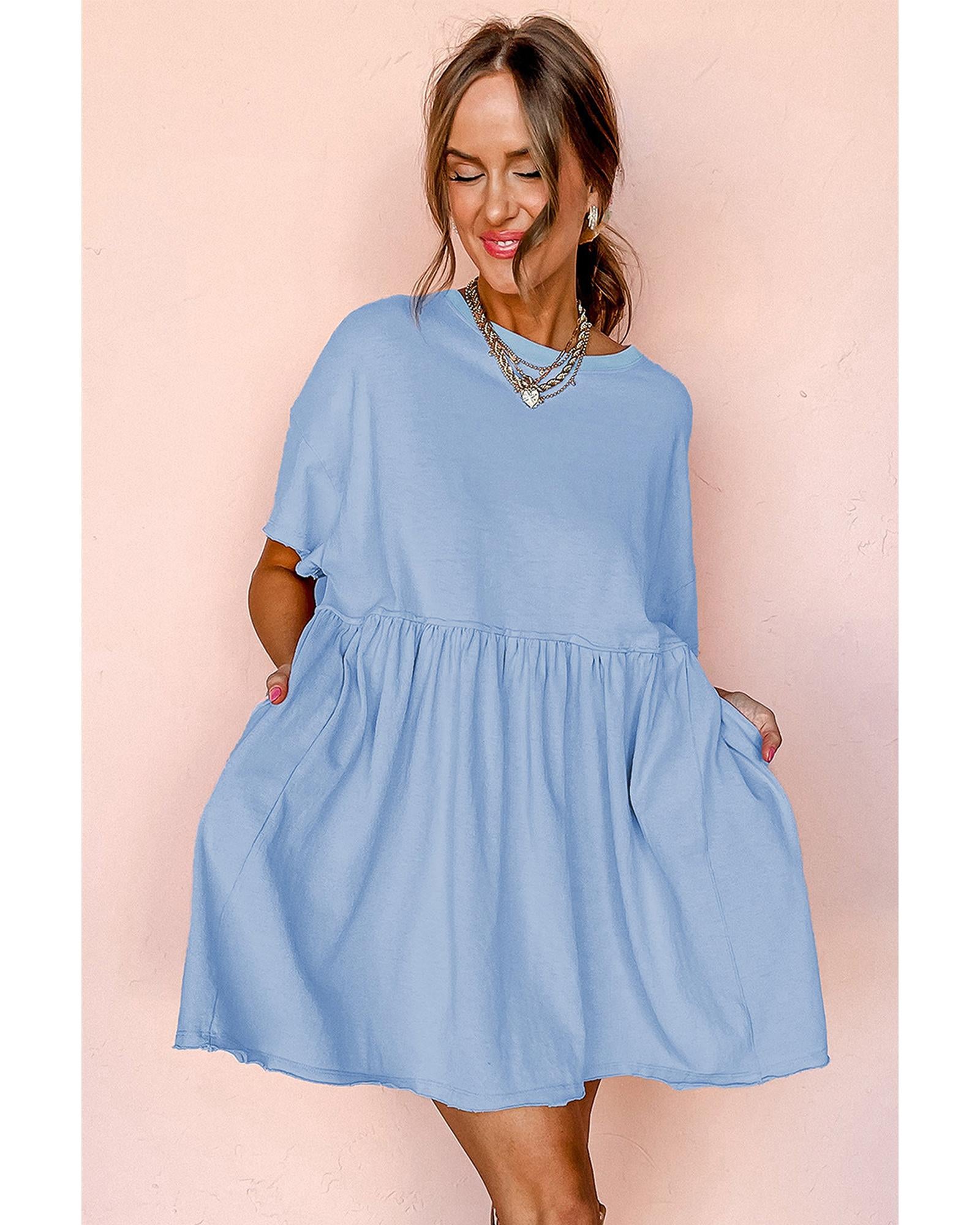Sky Blue Solid Color Pocketed Raw Edge Babydoll Dress - S