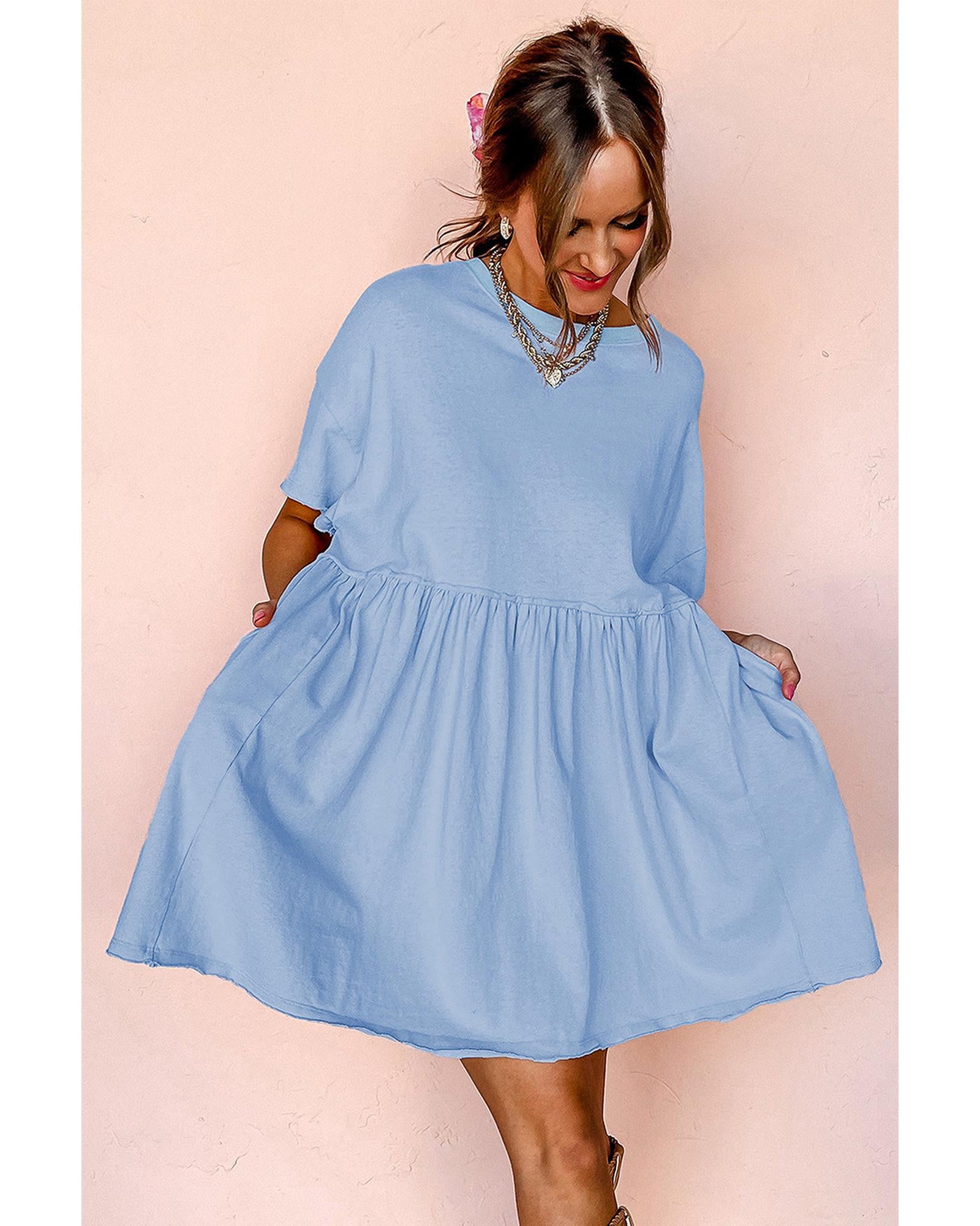 Sky Blue Solid Color Pocketed Raw Edge Babydoll Dress - S