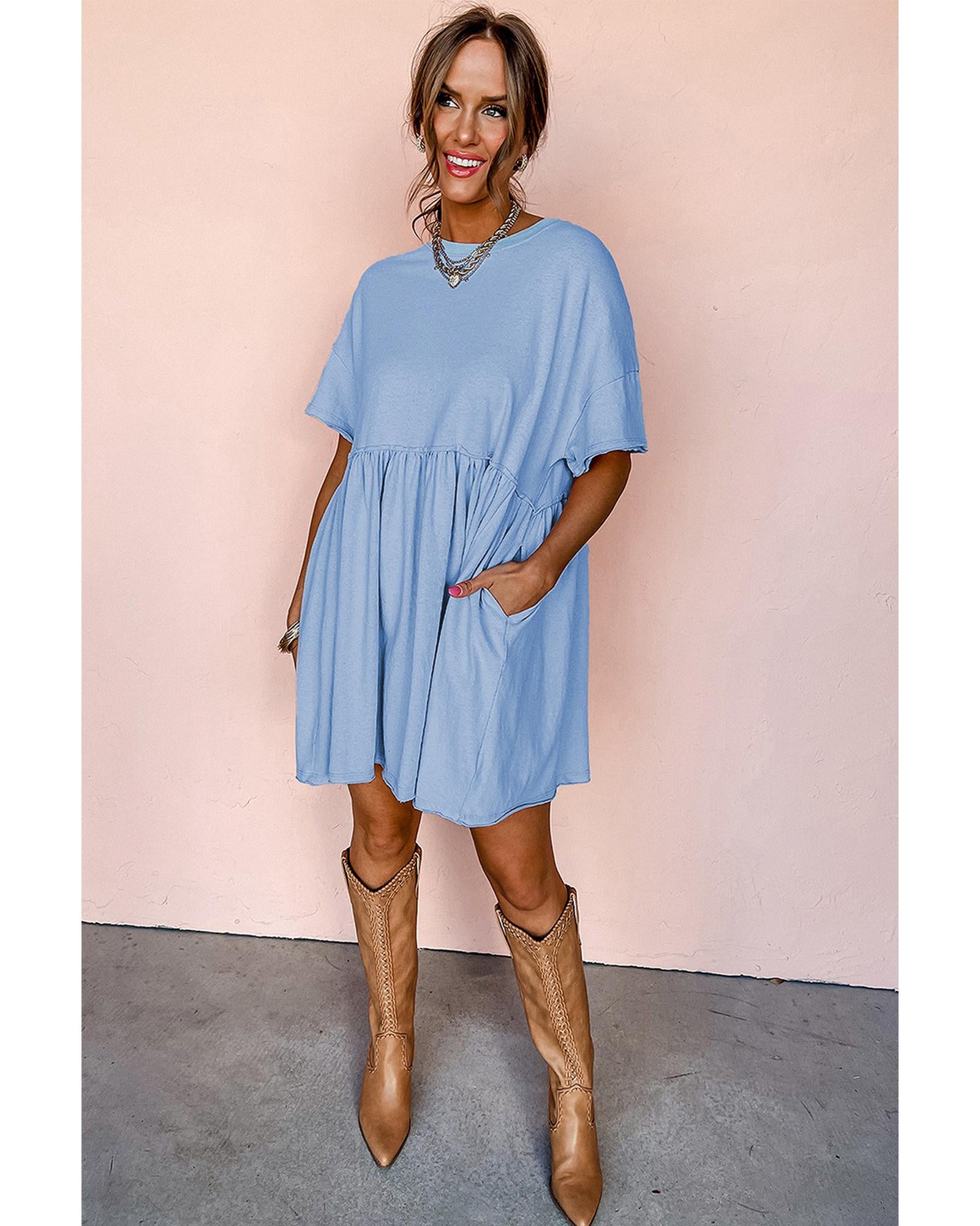 Sky Blue Solid Color Pocketed Raw Edge Babydoll Dress - S