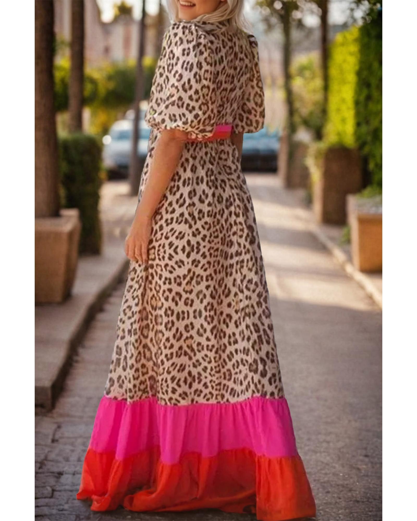 Bright Pink Leopard Colorblock Patchwork Bubble Sleeve Maxi Dress - S