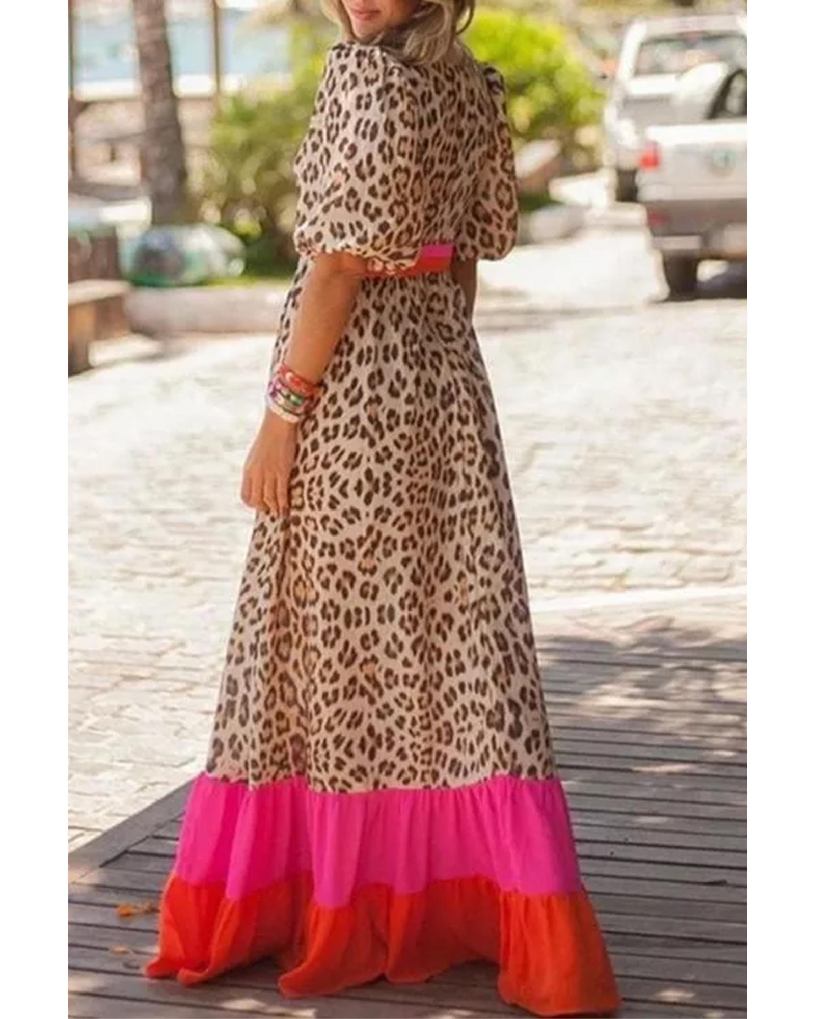 Bright Pink Leopard Colorblock Patchwork Bubble Sleeve Maxi Dress - S