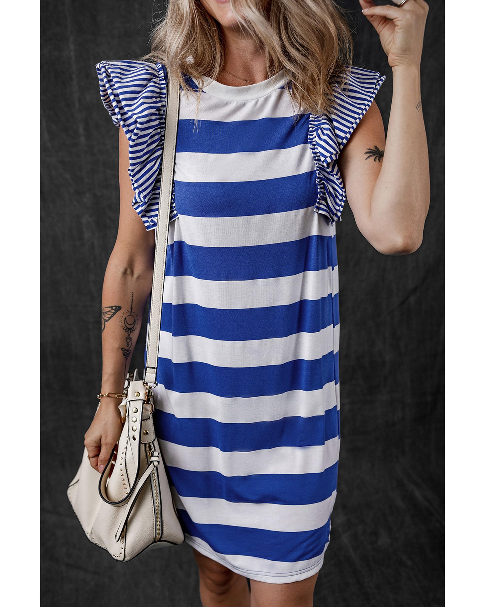 Sky Blue Stripe Contrast Ruffled Sleeve T-shirt Dress - S