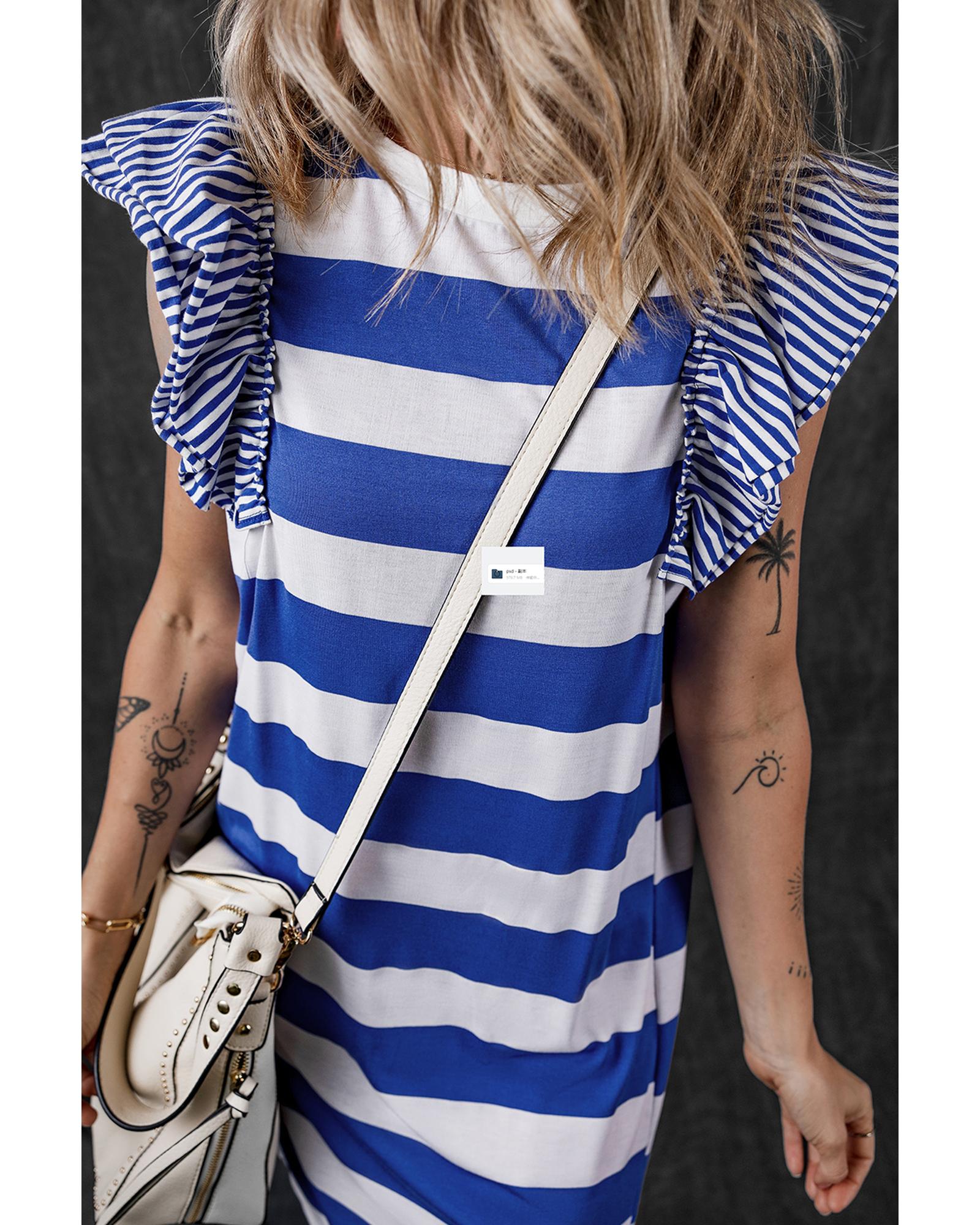 Sky Blue Stripe Contrast Ruffled Sleeve T-shirt Dress - XL