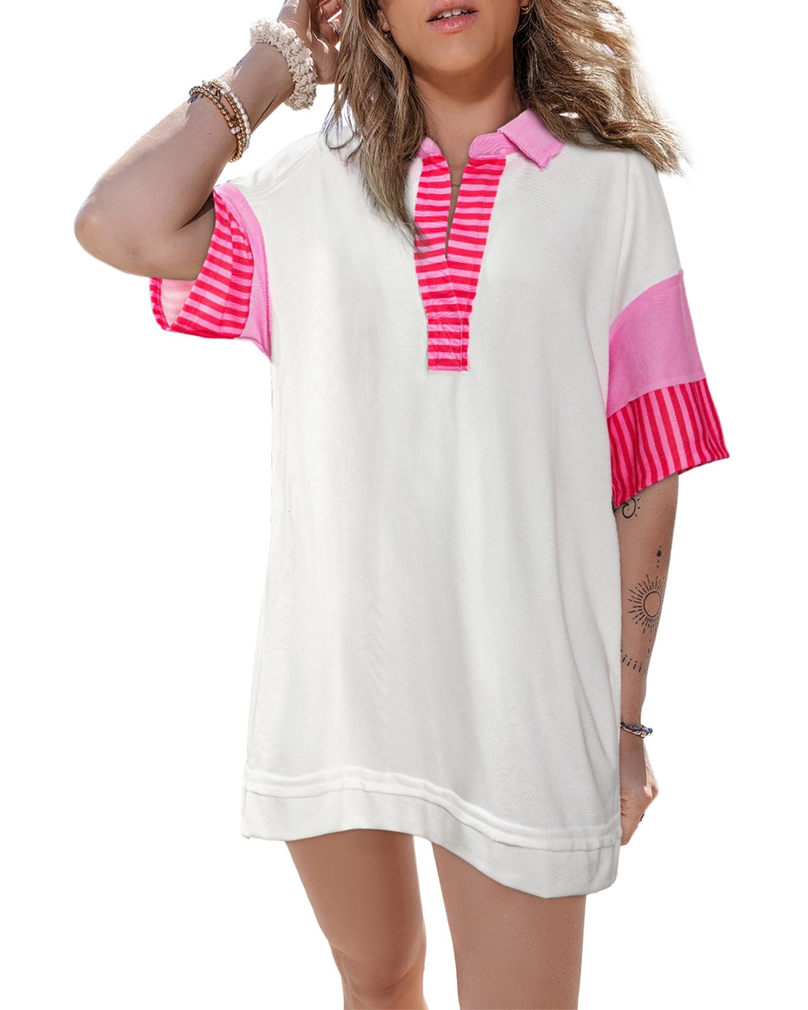 White Stripe Colorblock Patchwork Short Sleeve T Shirt Dress - XL