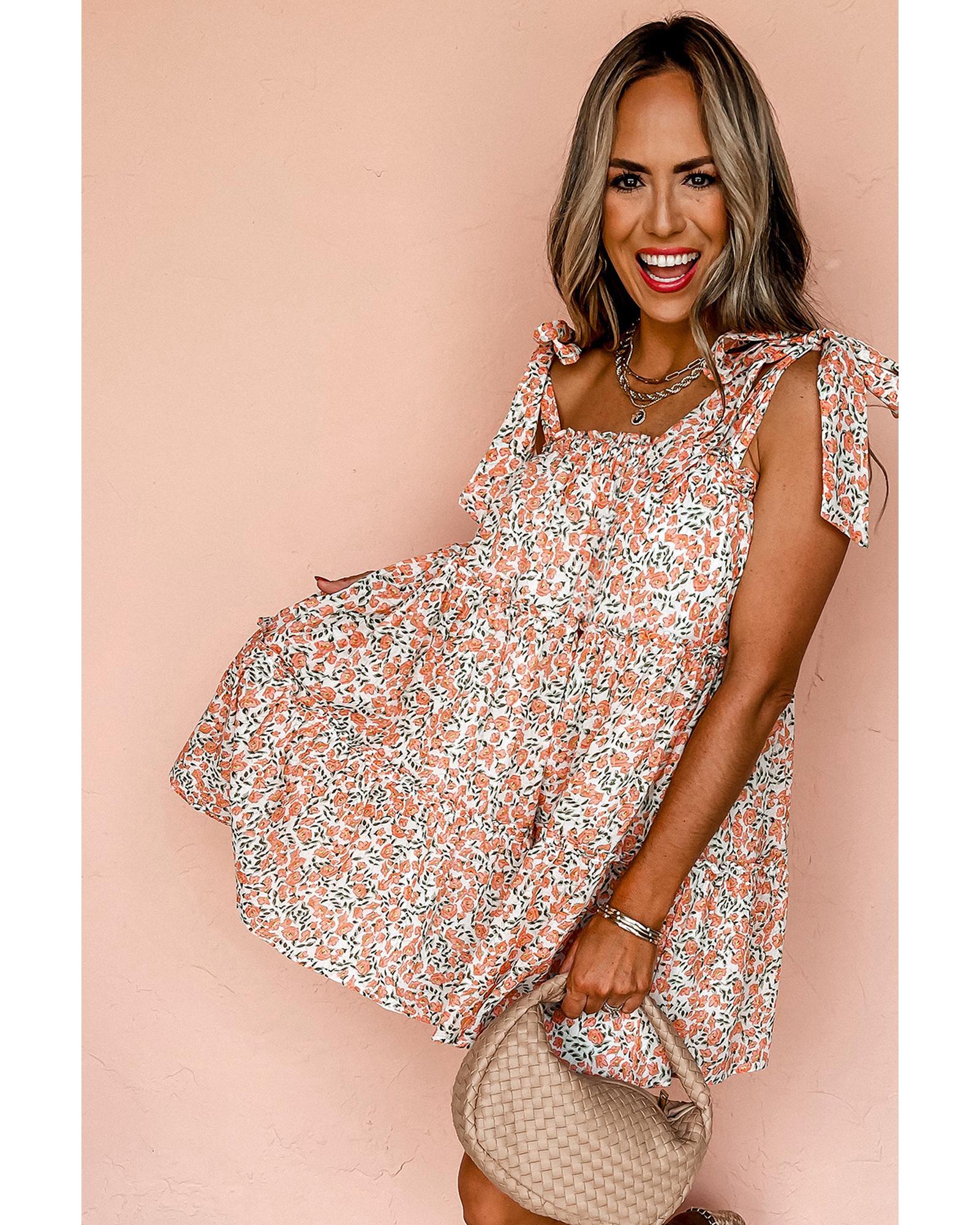 Orange Rose Floral Knotted Straps Tiered Babydoll Dress - XL