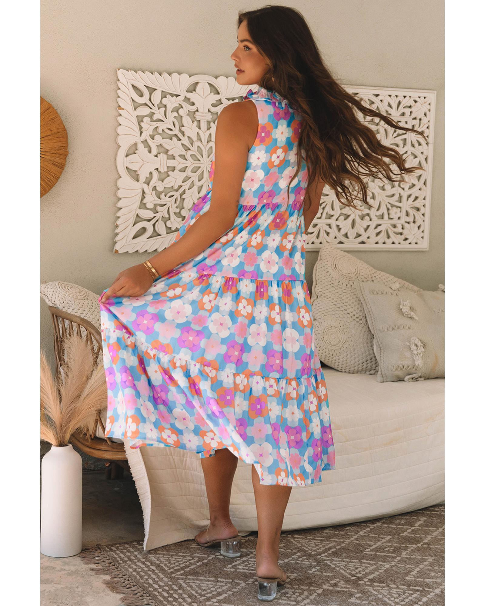Sky Blue Floral Print Frilly Neck Sleeveless Tiered Maxi Dress - M