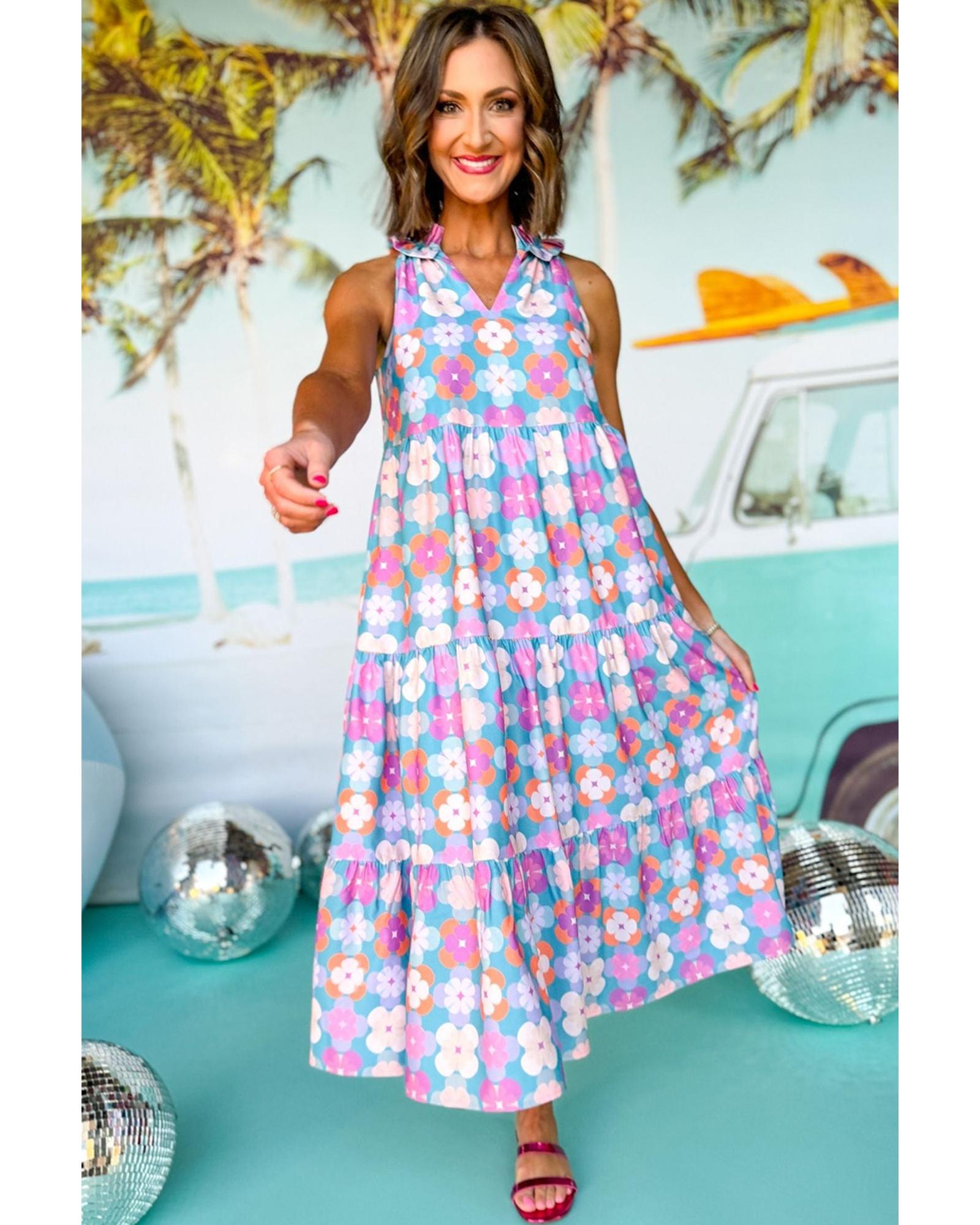 Sky Blue Floral Print Frilly Neck Sleeveless Tiered Maxi Dress - S