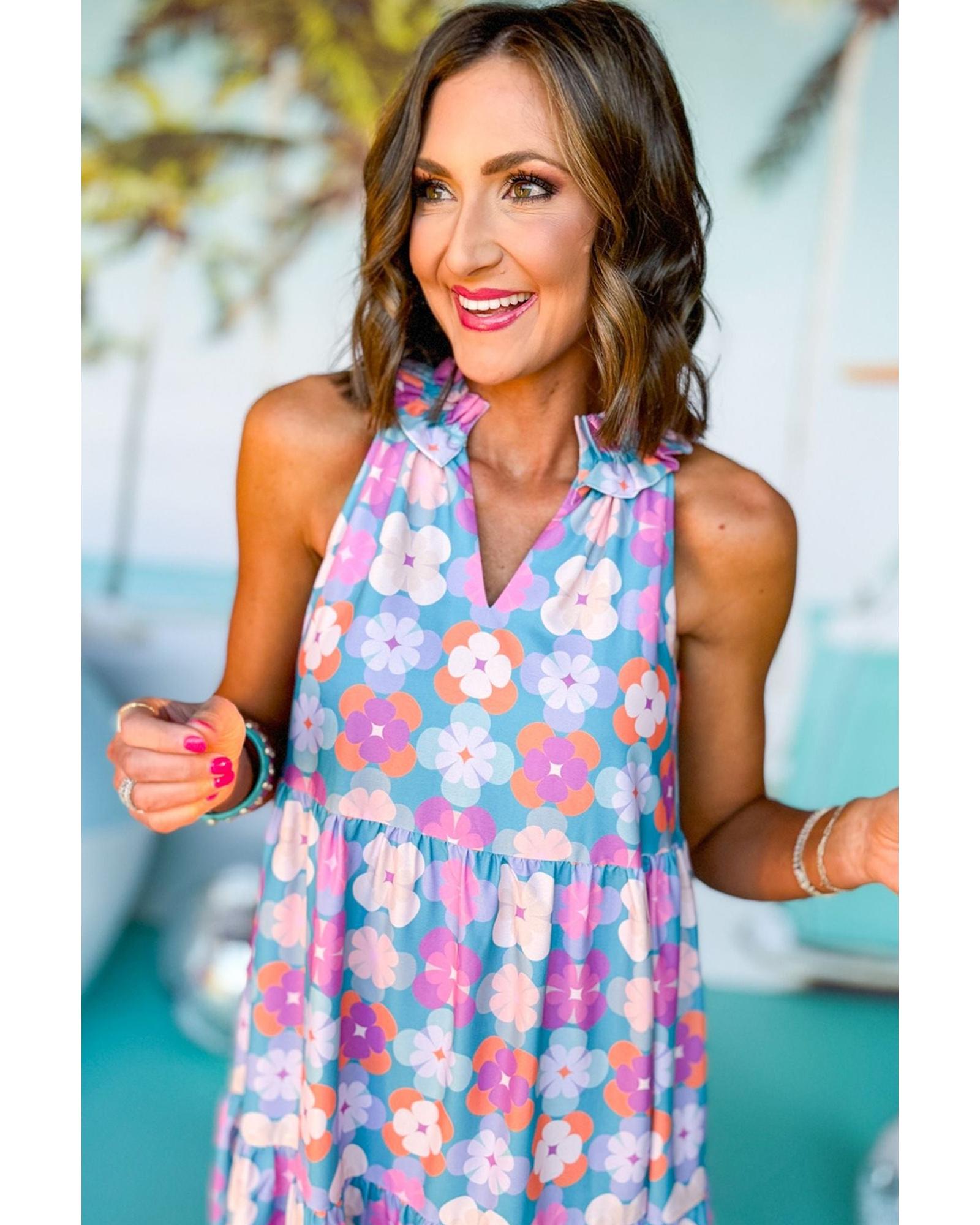 Sky Blue Floral Print Frilly Neck Sleeveless Tiered Maxi Dress - S