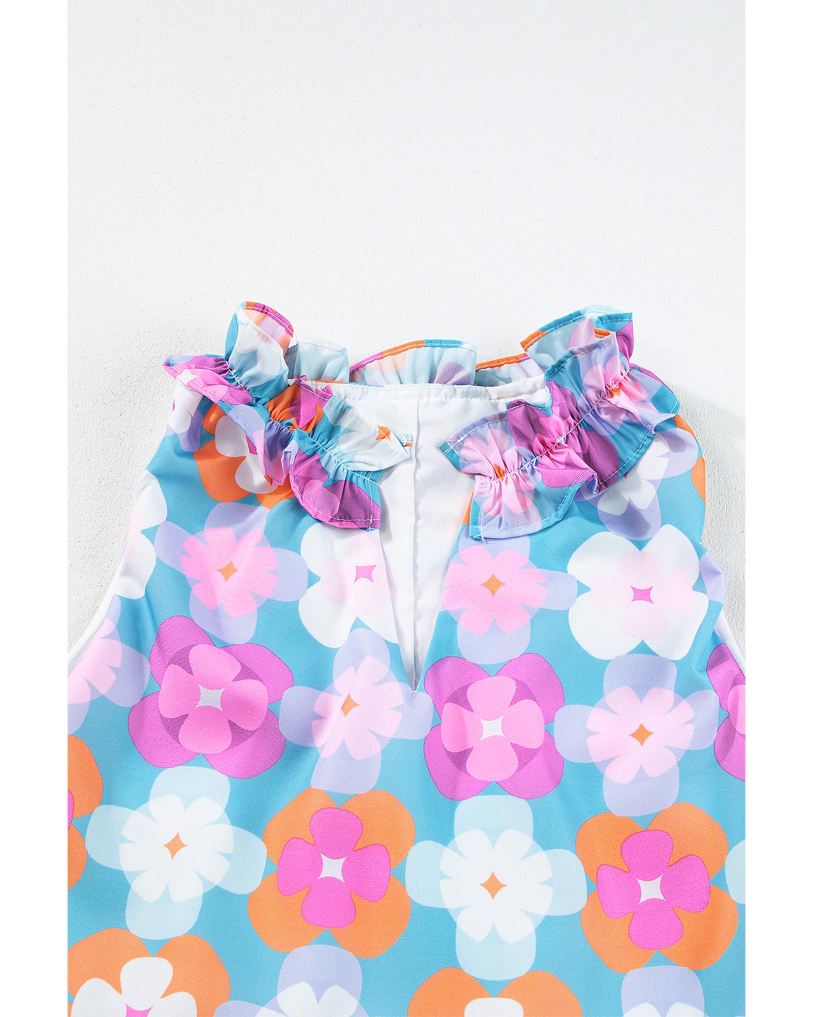 Sky Blue Floral Print Frilly Neck Sleeveless Tiered Maxi Dress - XL