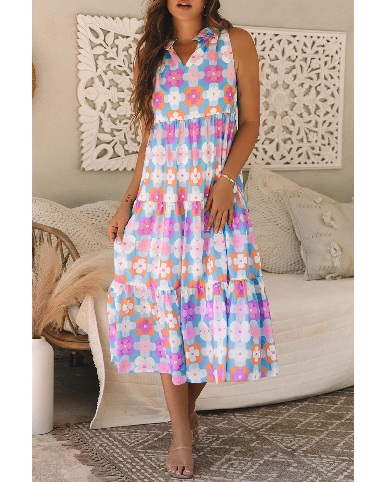 Sky Blue Floral Print Frilly Neck Sleeveless Tiered Maxi Dress - XL