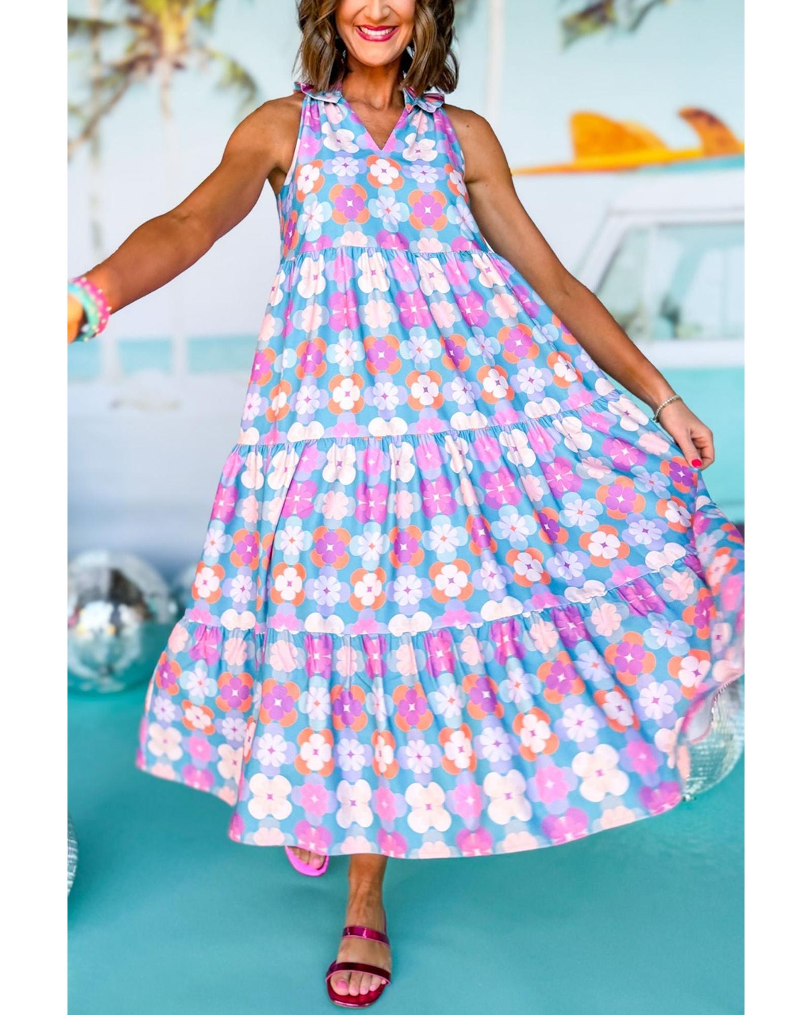 Sky Blue Floral Print Frilly Neck Sleeveless Tiered Maxi Dress - XL