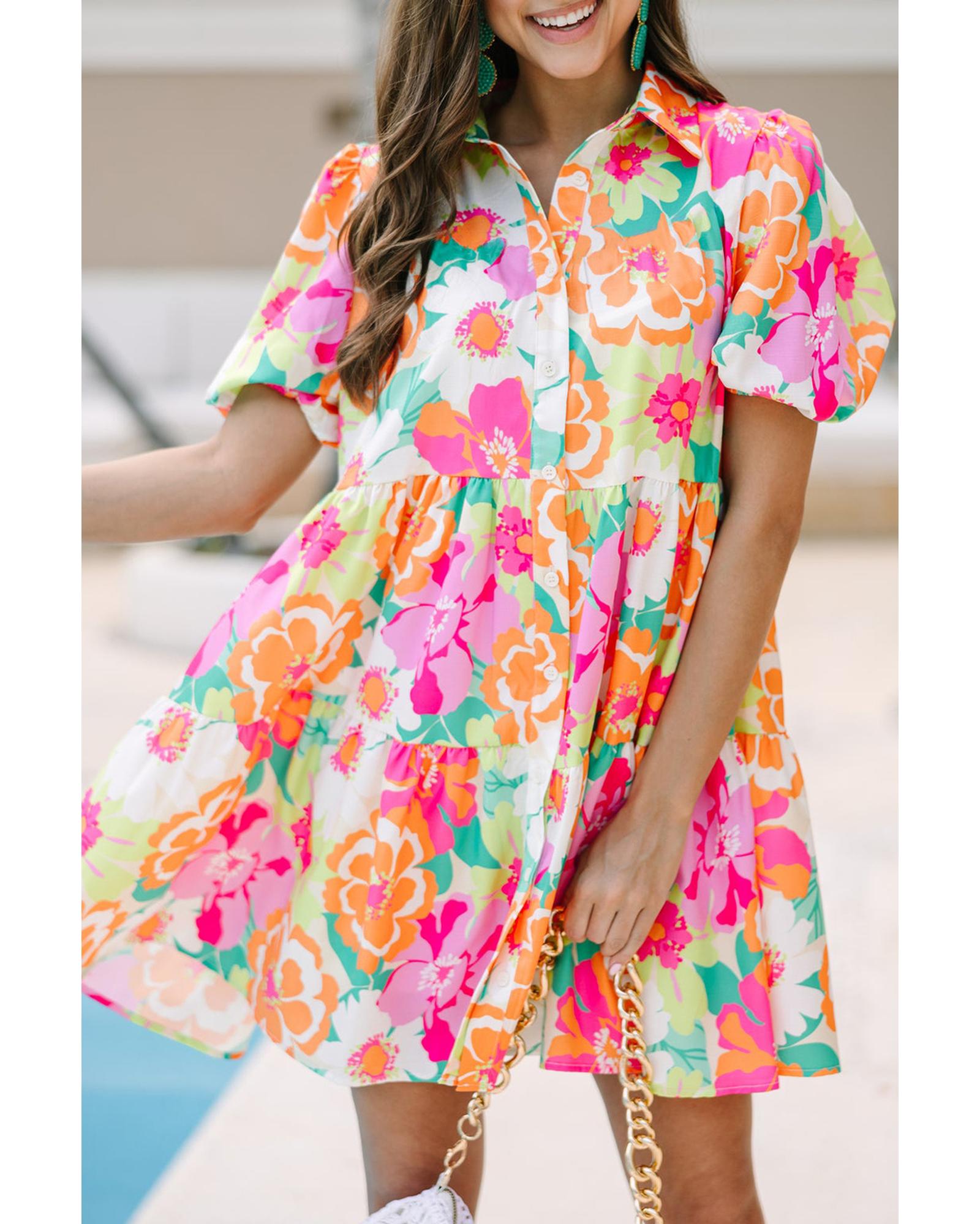 Pink Floral Puff Sleeve Collar Buttoned Babydoll Dress - L