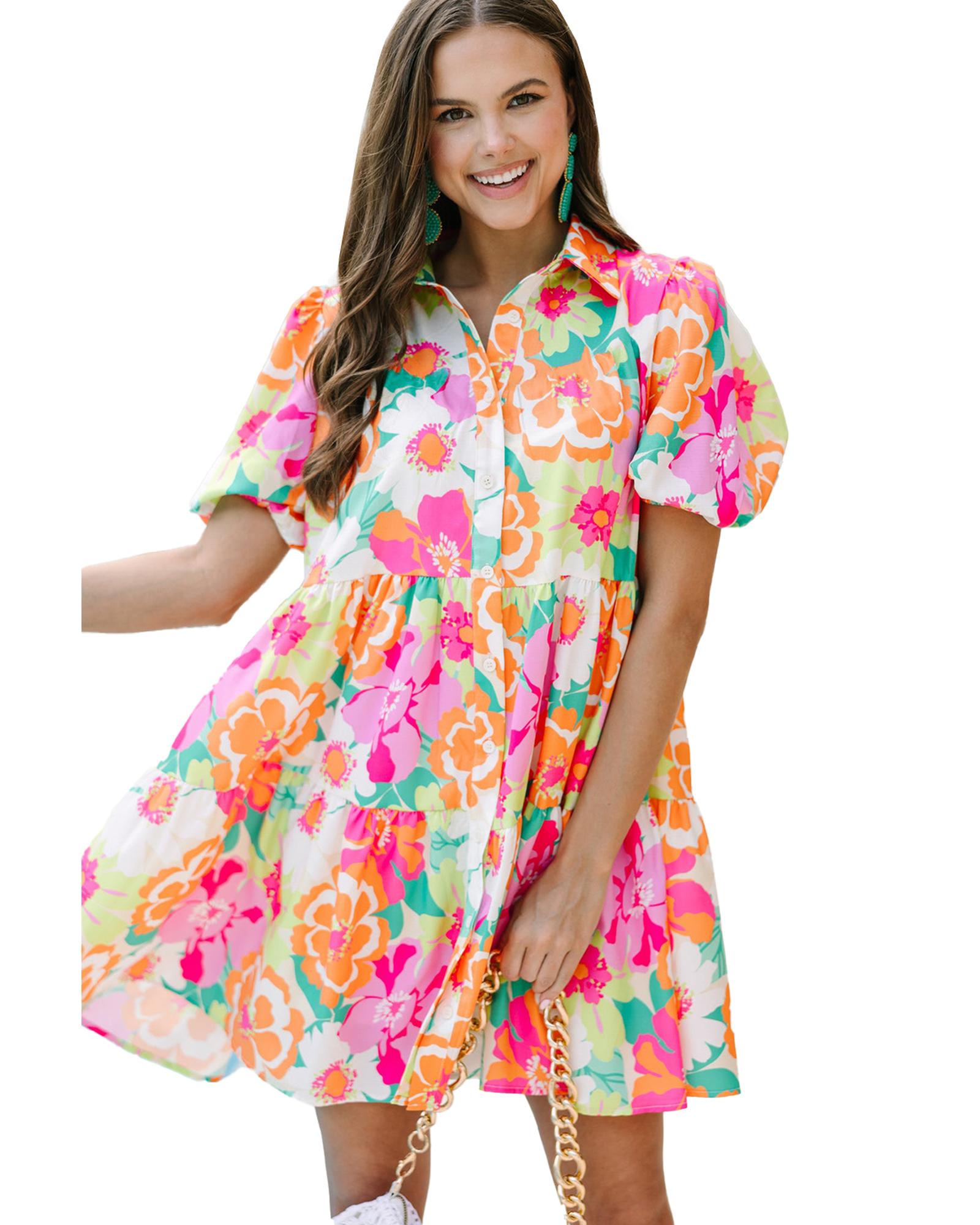Pink Floral Puff Sleeve Collar Buttoned Babydoll Dress - L