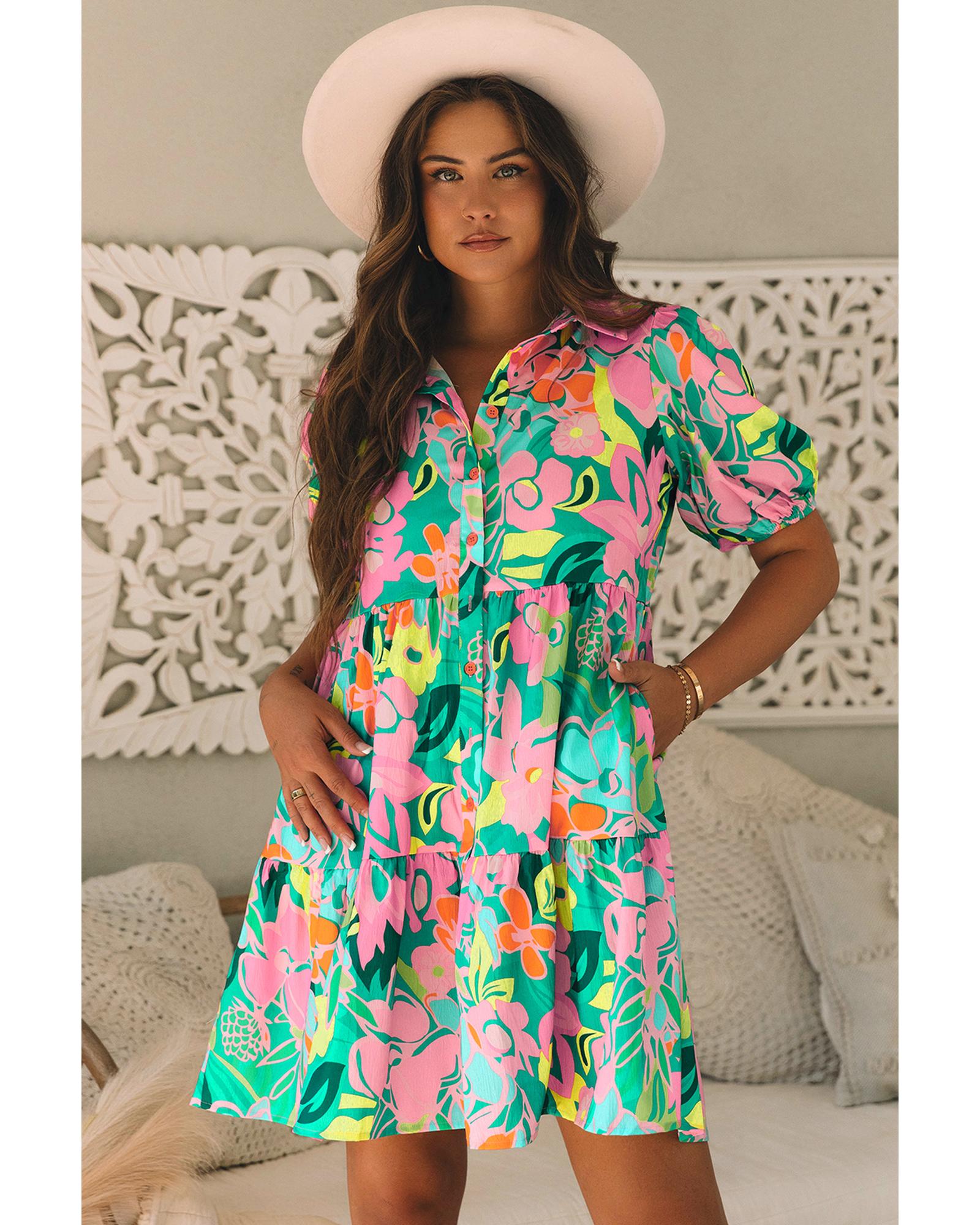 Green Floral Puff Sleeve Collar Buttoned Babydoll Dress - L