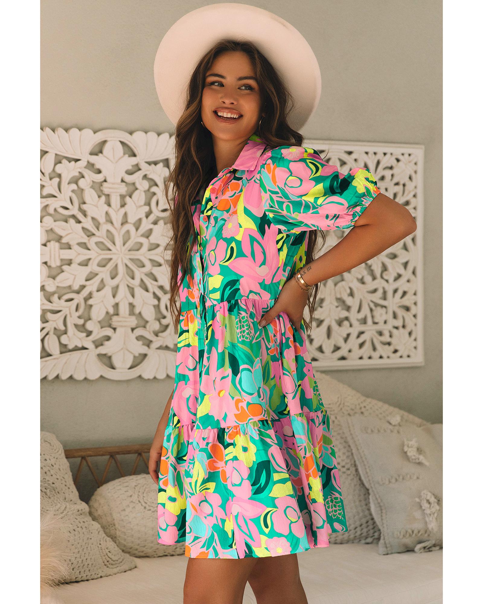 Green Floral Puff Sleeve Collar Buttoned Babydoll Dress - L