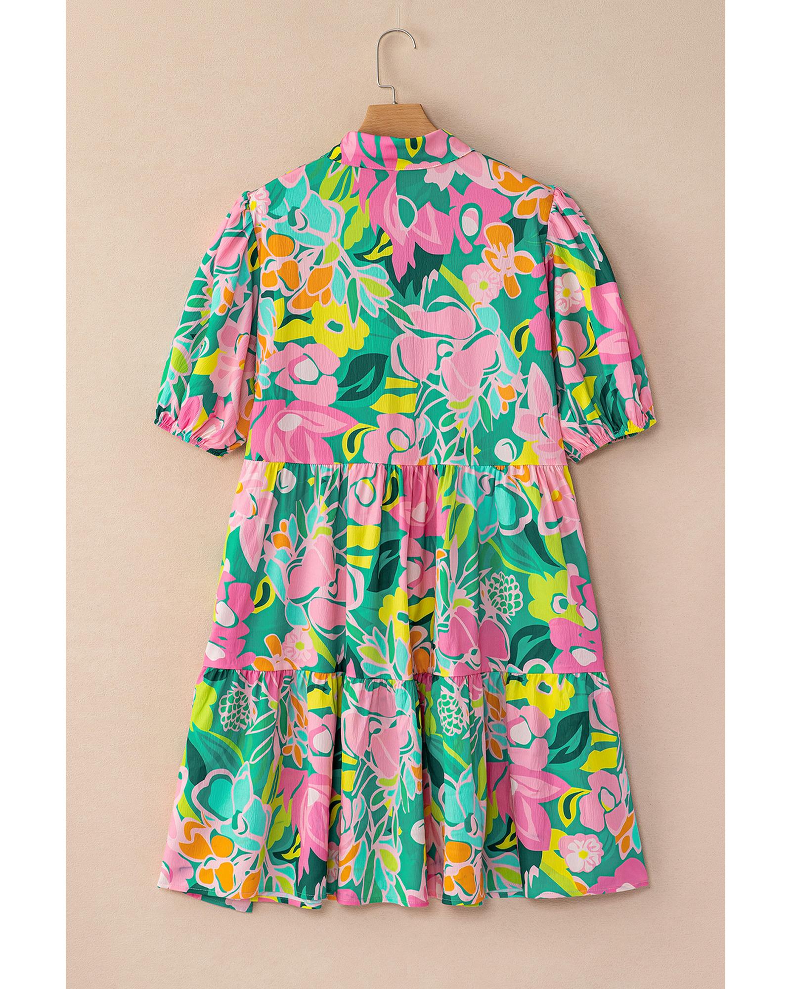 Green Floral Puff Sleeve Collar Buttoned Babydoll Dress - L