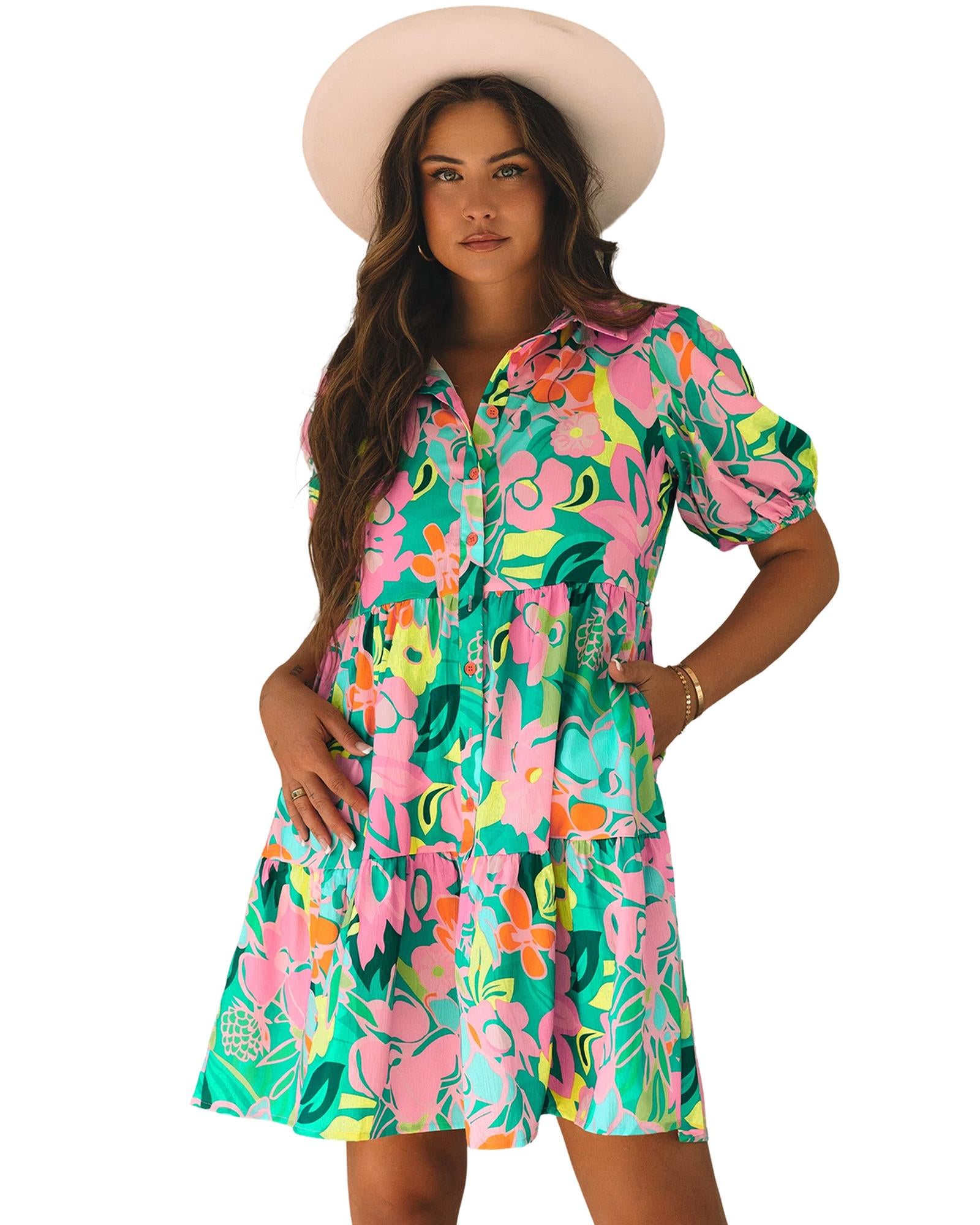 Green Floral Puff Sleeve Collar Buttoned Babydoll Dress - L