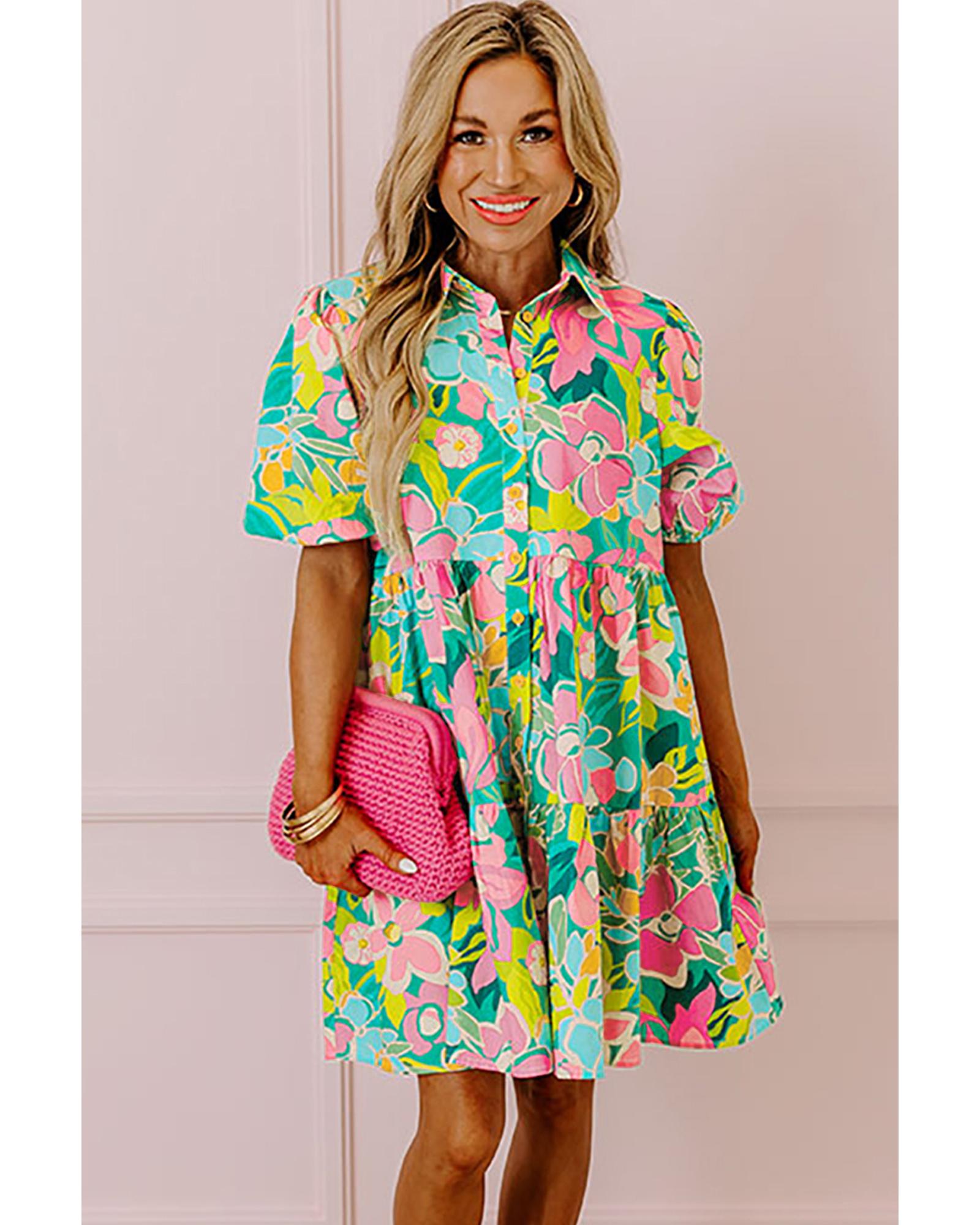 Green Floral Puff Sleeve Collar Buttoned Babydoll Dress - XL