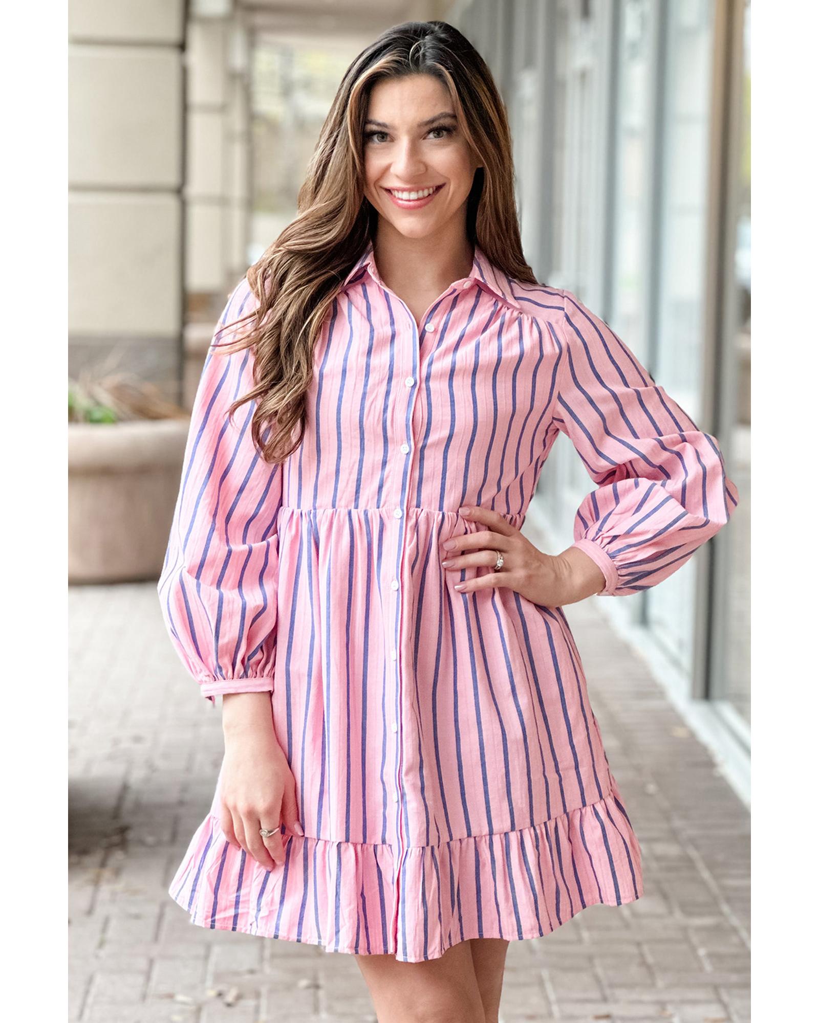 Pink Stripe Ruffled Hem Button-up Collared Shirt Mini Dress - M