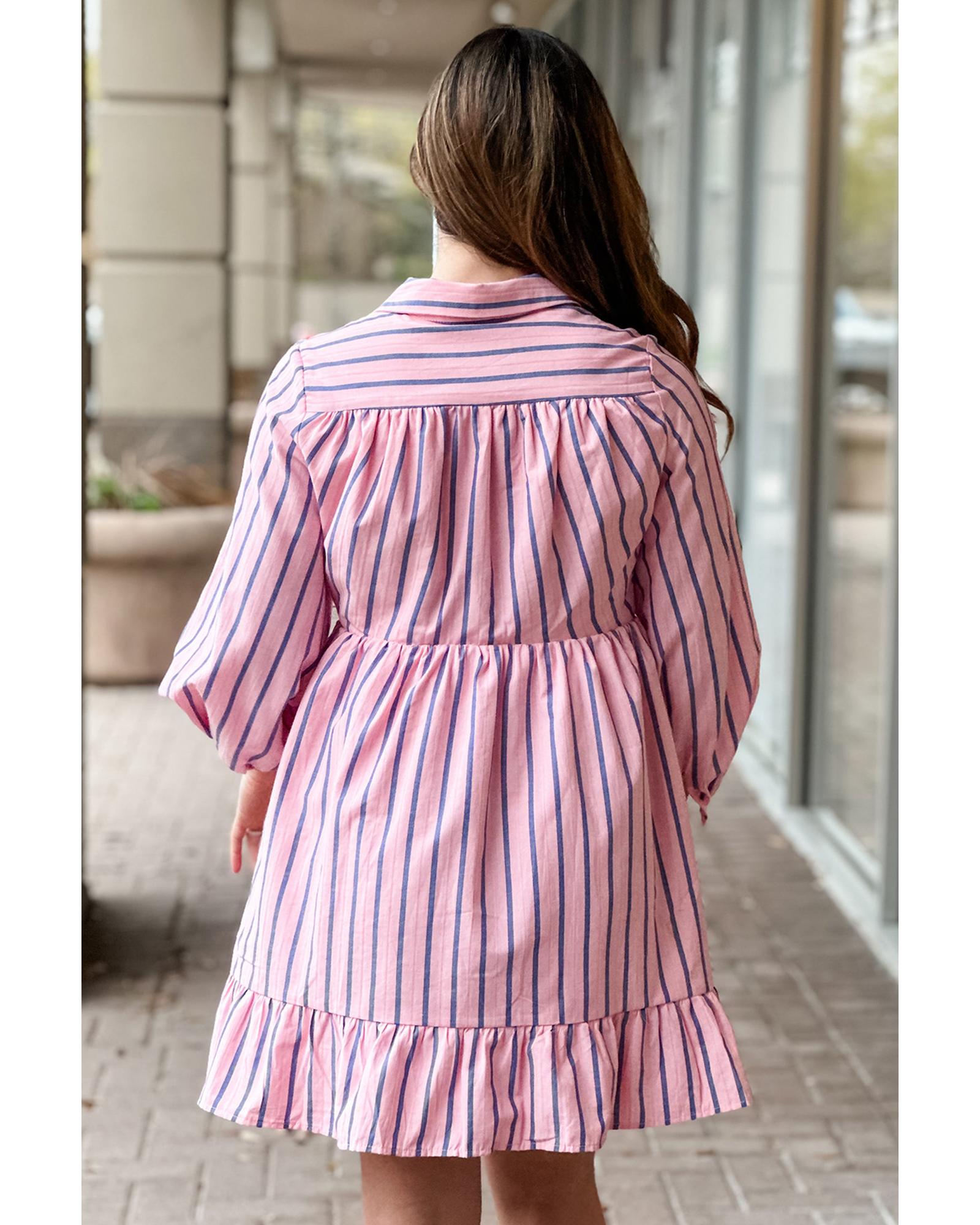Pink Stripe Ruffled Hem Button-up Collared Shirt Mini Dress - M