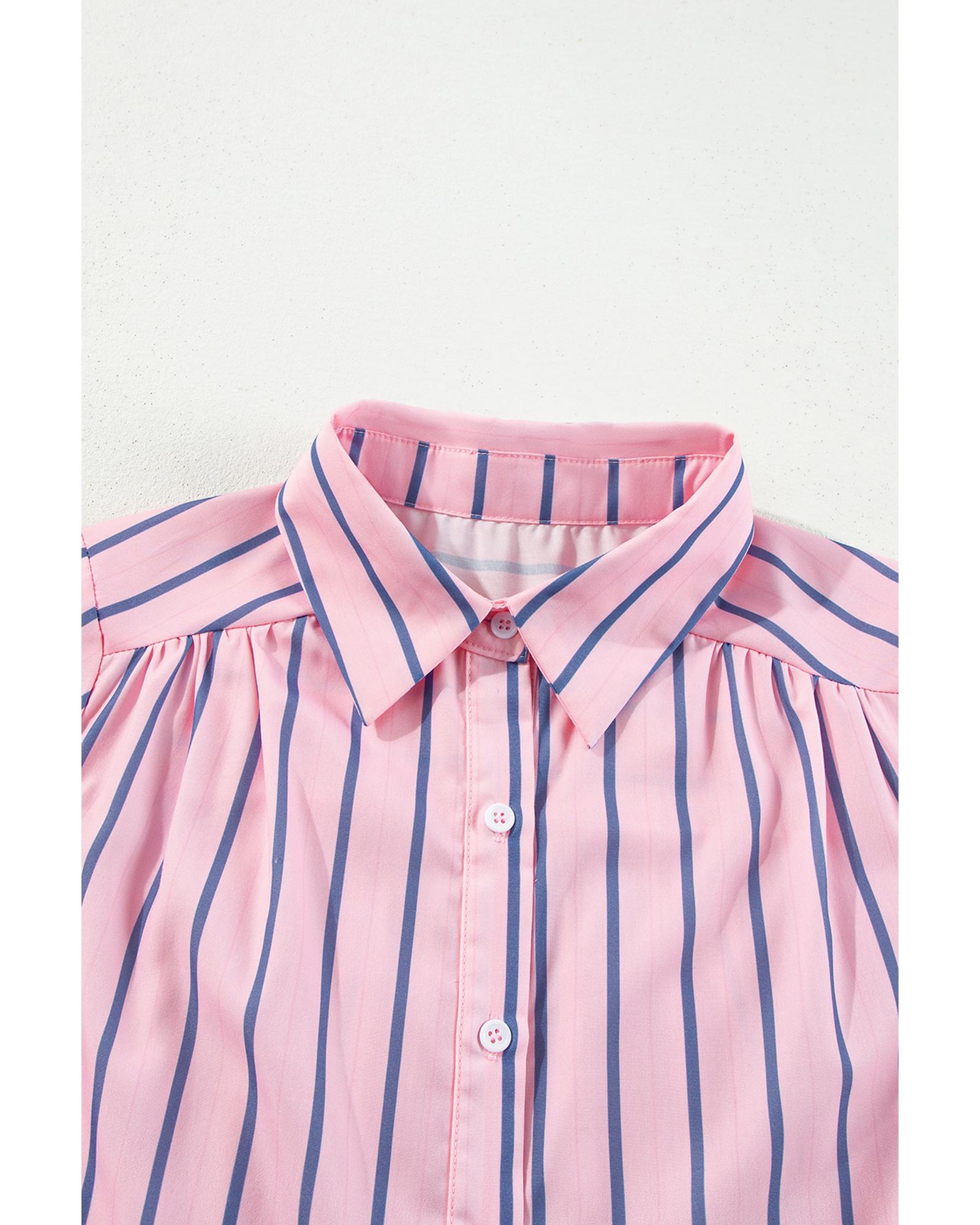 Pink Stripe Ruffled Hem Button-up Collared Shirt Mini Dress - M