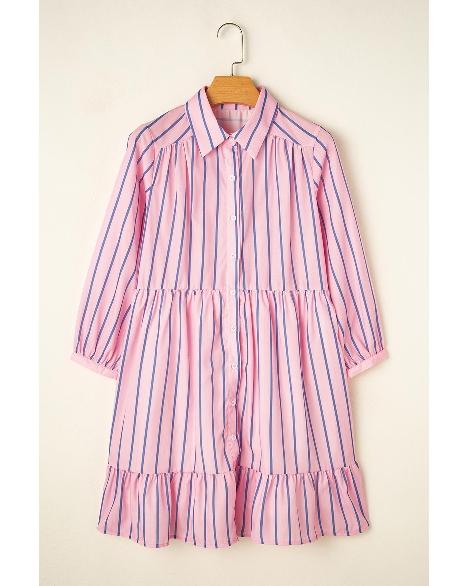 Pink Stripe Ruffled Hem Button-up Collared Shirt Mini Dress - XL