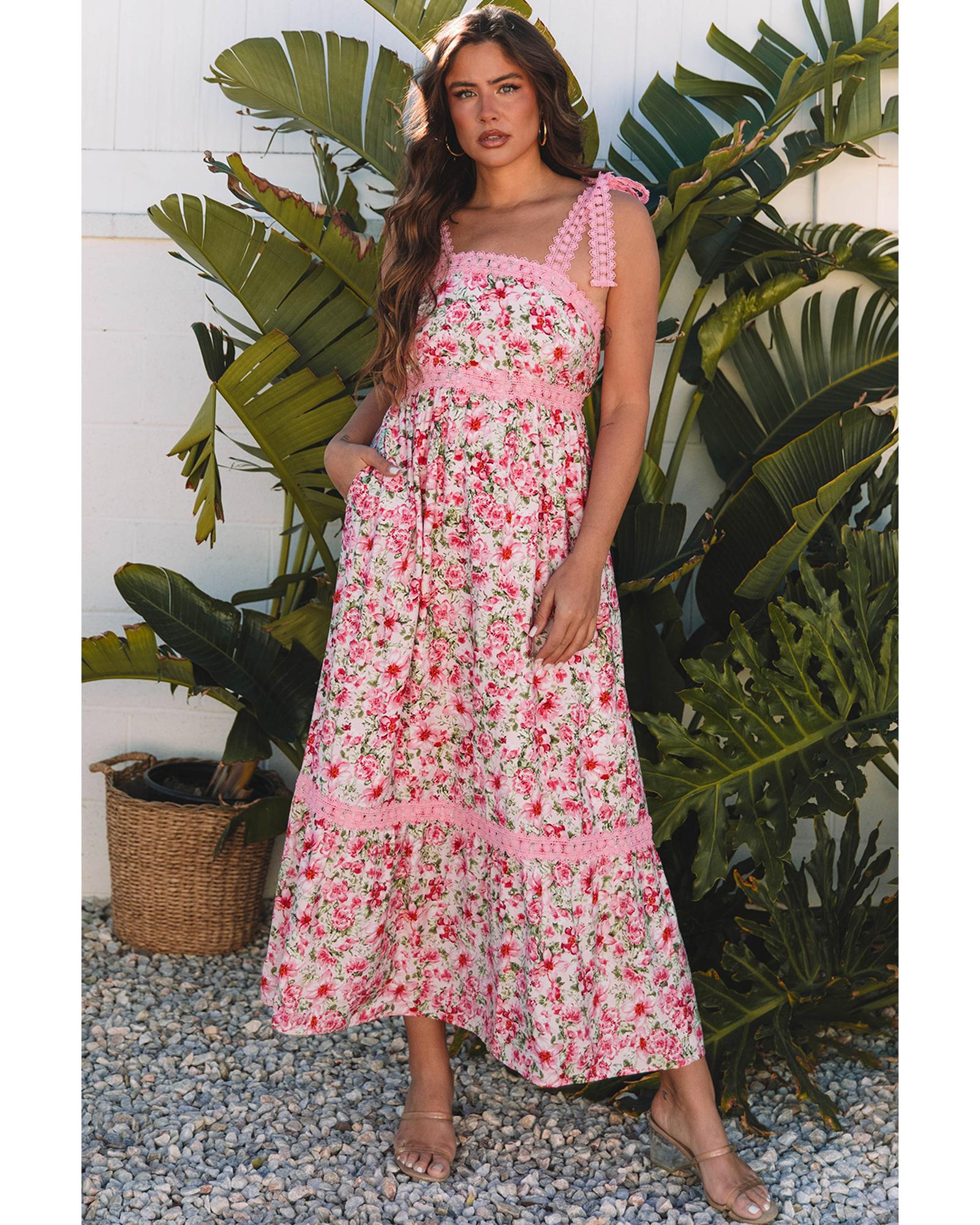 Pink Floral Lace Tied Strap Empire Waist Maxi Dress - XL