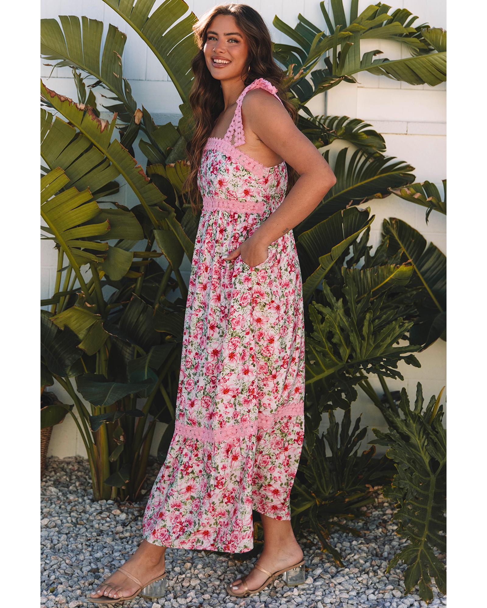 Pink Floral Lace Tied Strap Empire Waist Maxi Dress - XL