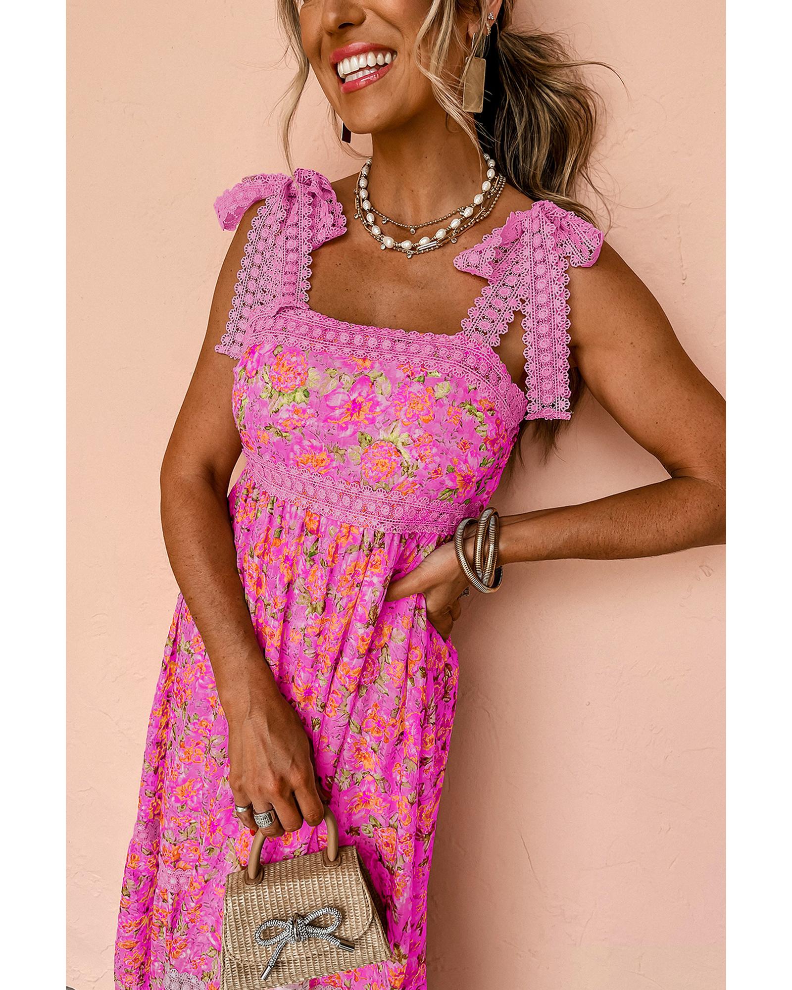 Rose Floral Lace Tied Strap Empire Waist Maxi Dress - L