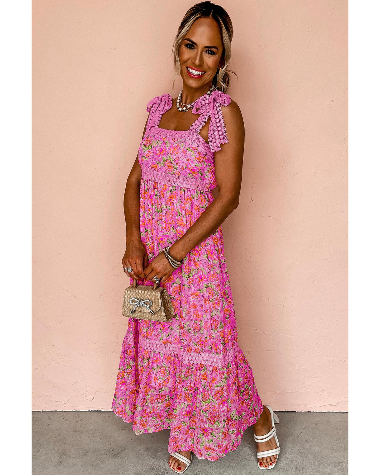 Rose Floral Lace Tied Strap Empire Waist Maxi Dress - M