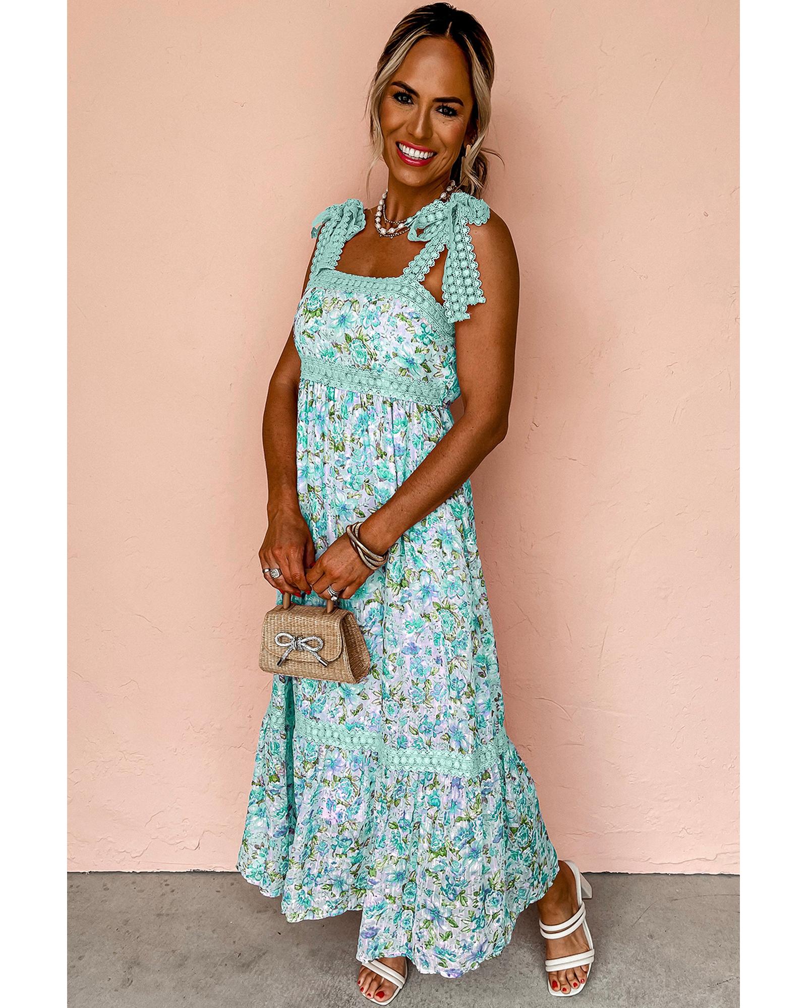 Green Floral Lace Tied Strap Empire Waist Maxi Dress - M
