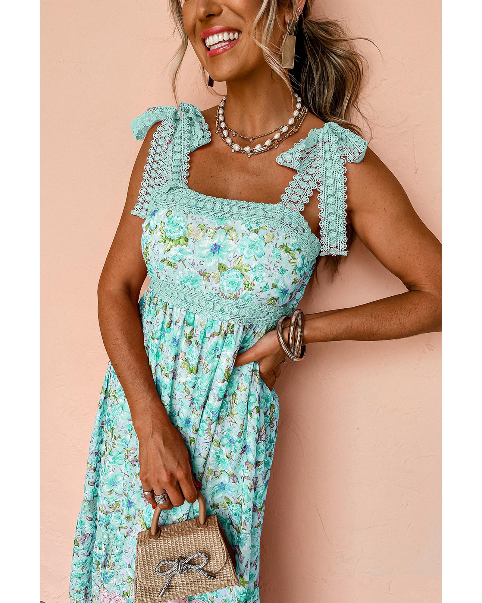 Green Floral Lace Tied Strap Empire Waist Maxi Dress - XL