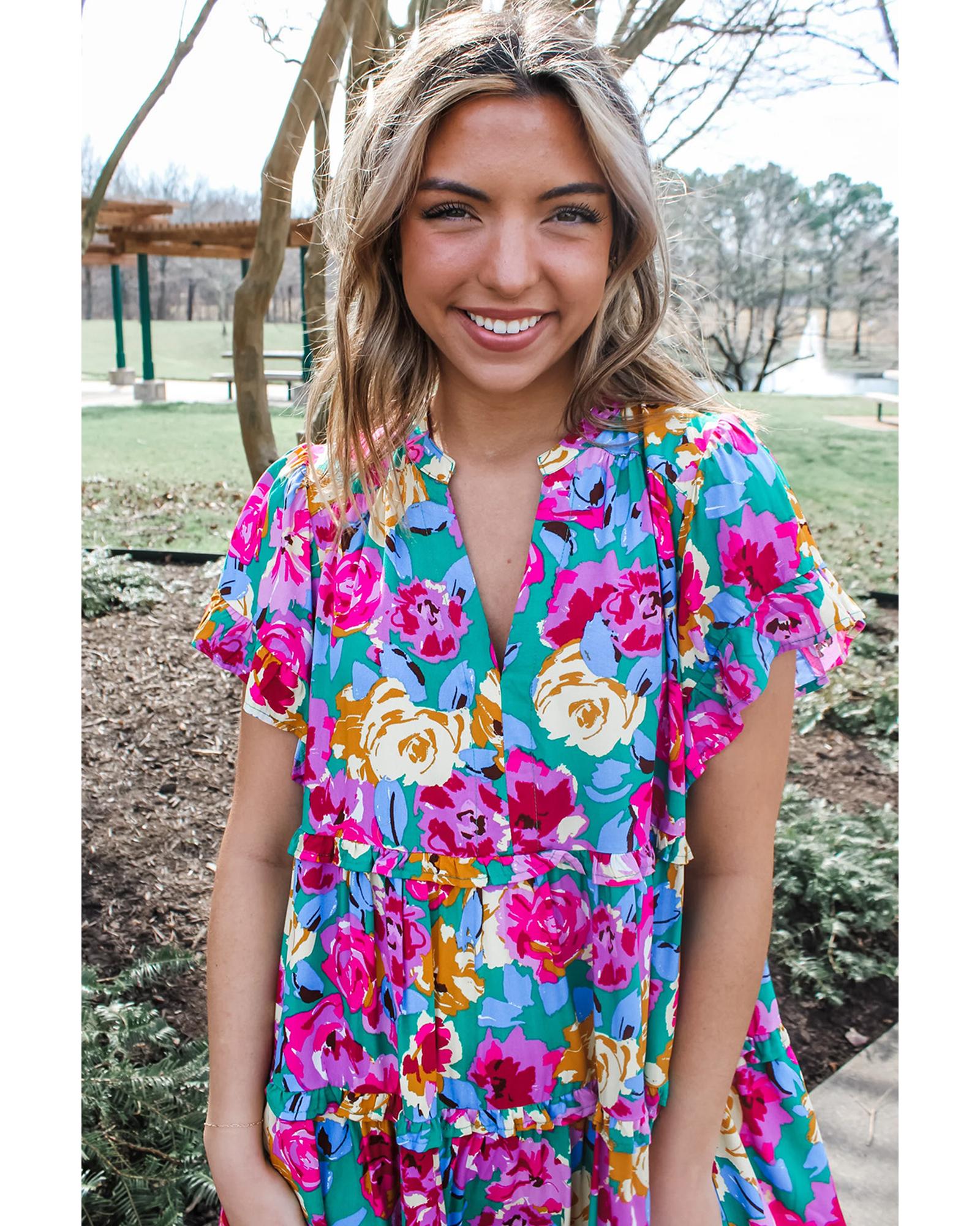 Green Rose Floral Print Ruffled Short Dress - M