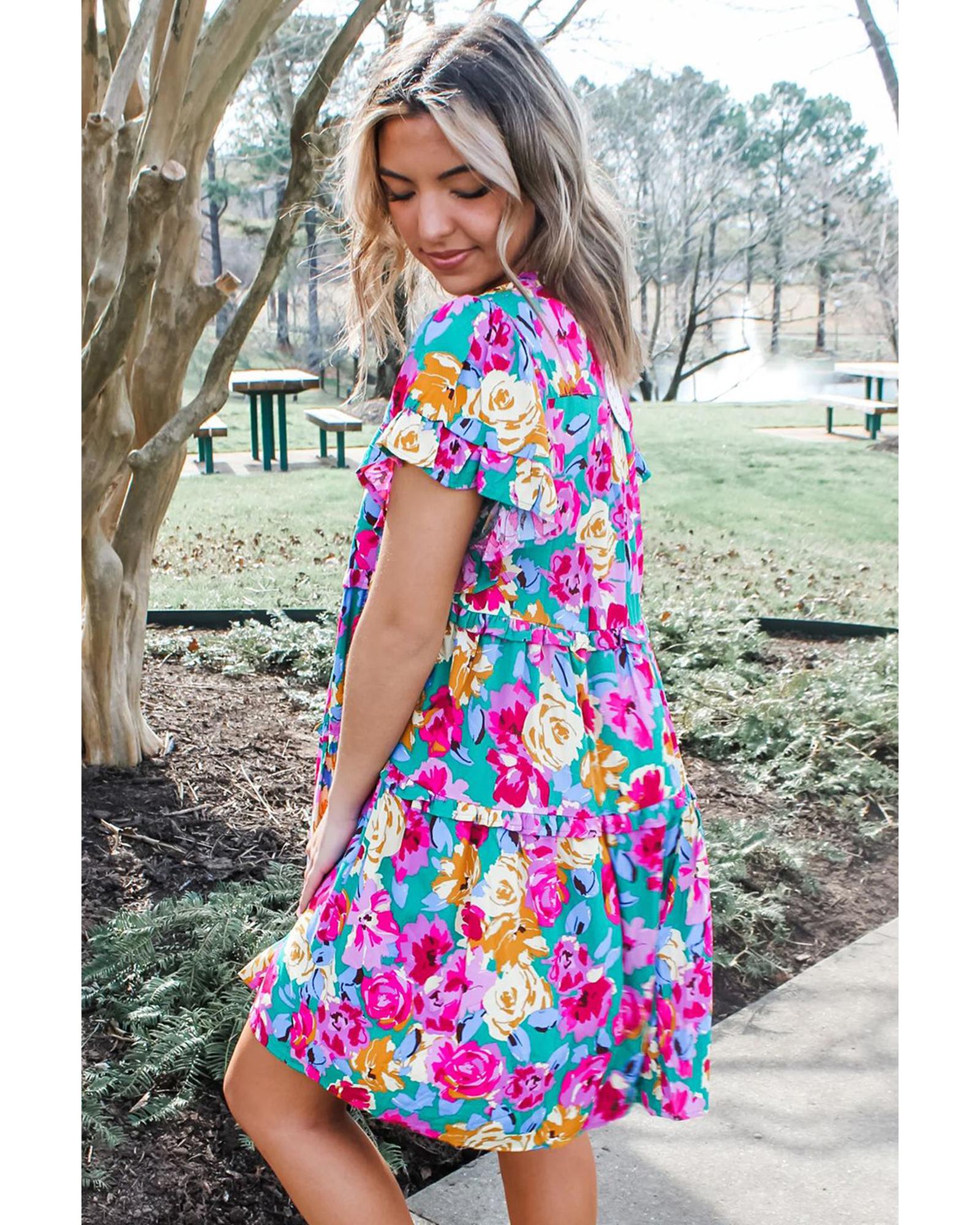 Green Rose Floral Print Ruffled Short Dress - M