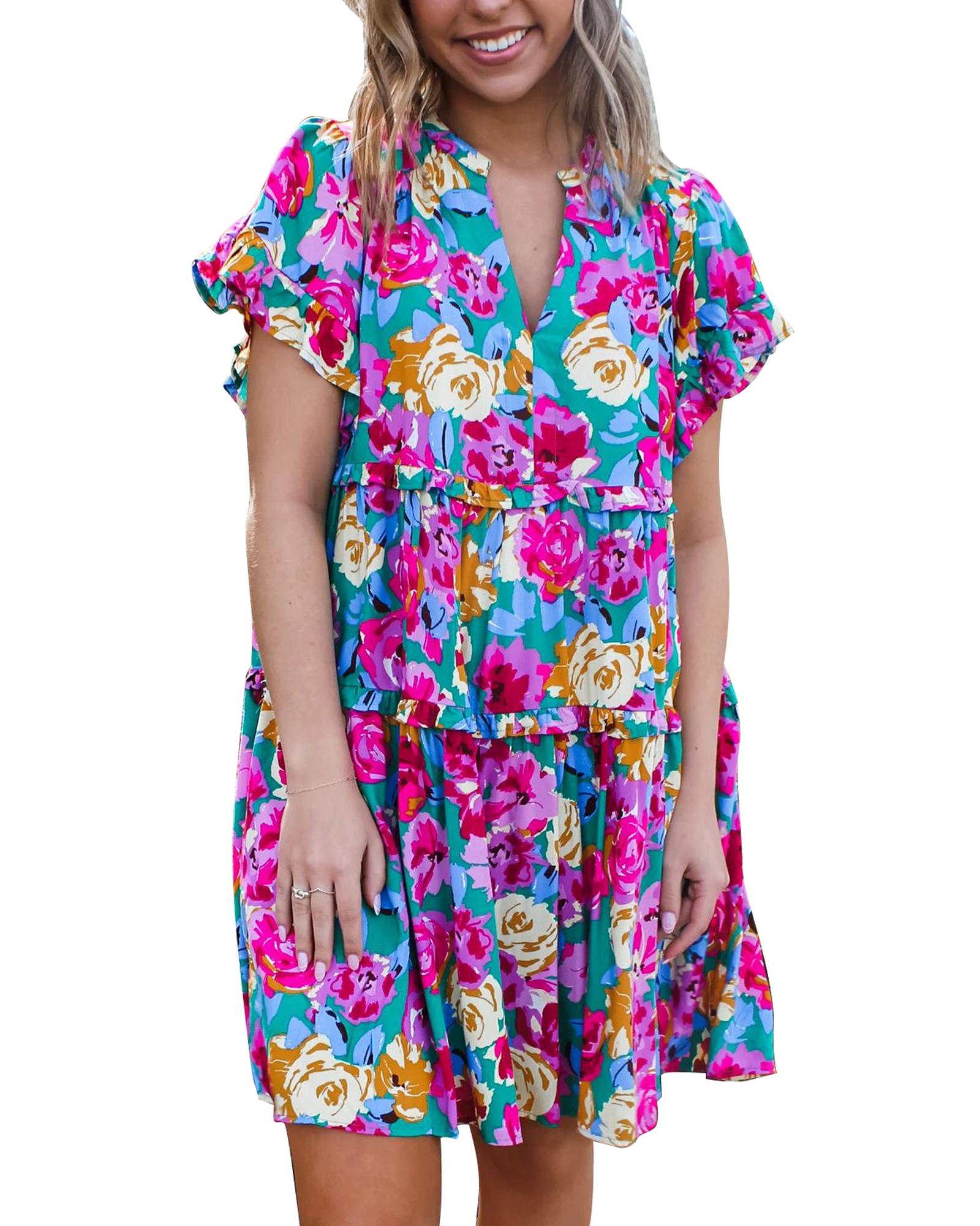 Green Rose Floral Print Ruffled Short Dress - M