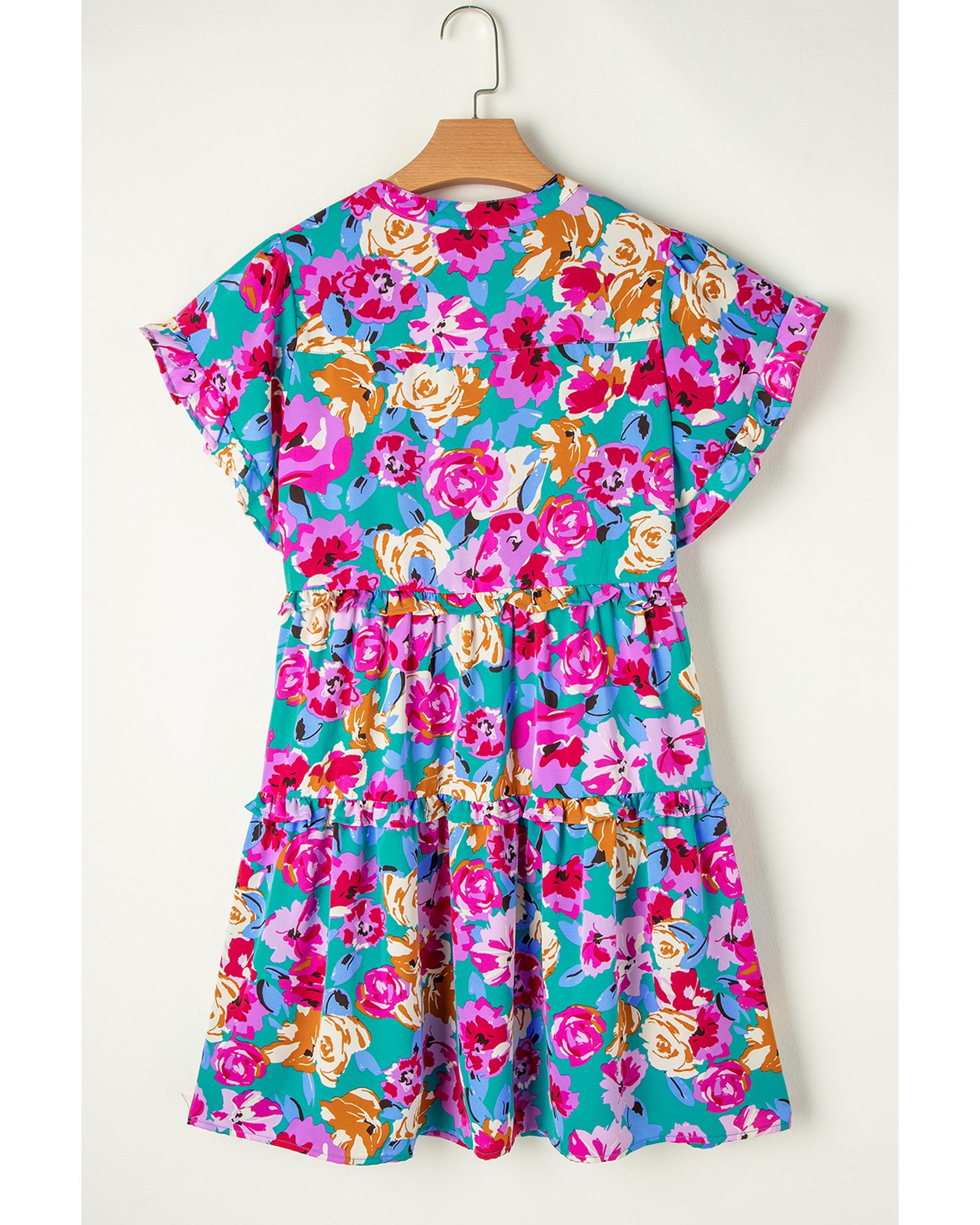 Green Rose Floral Print Ruffled Short Dress - M