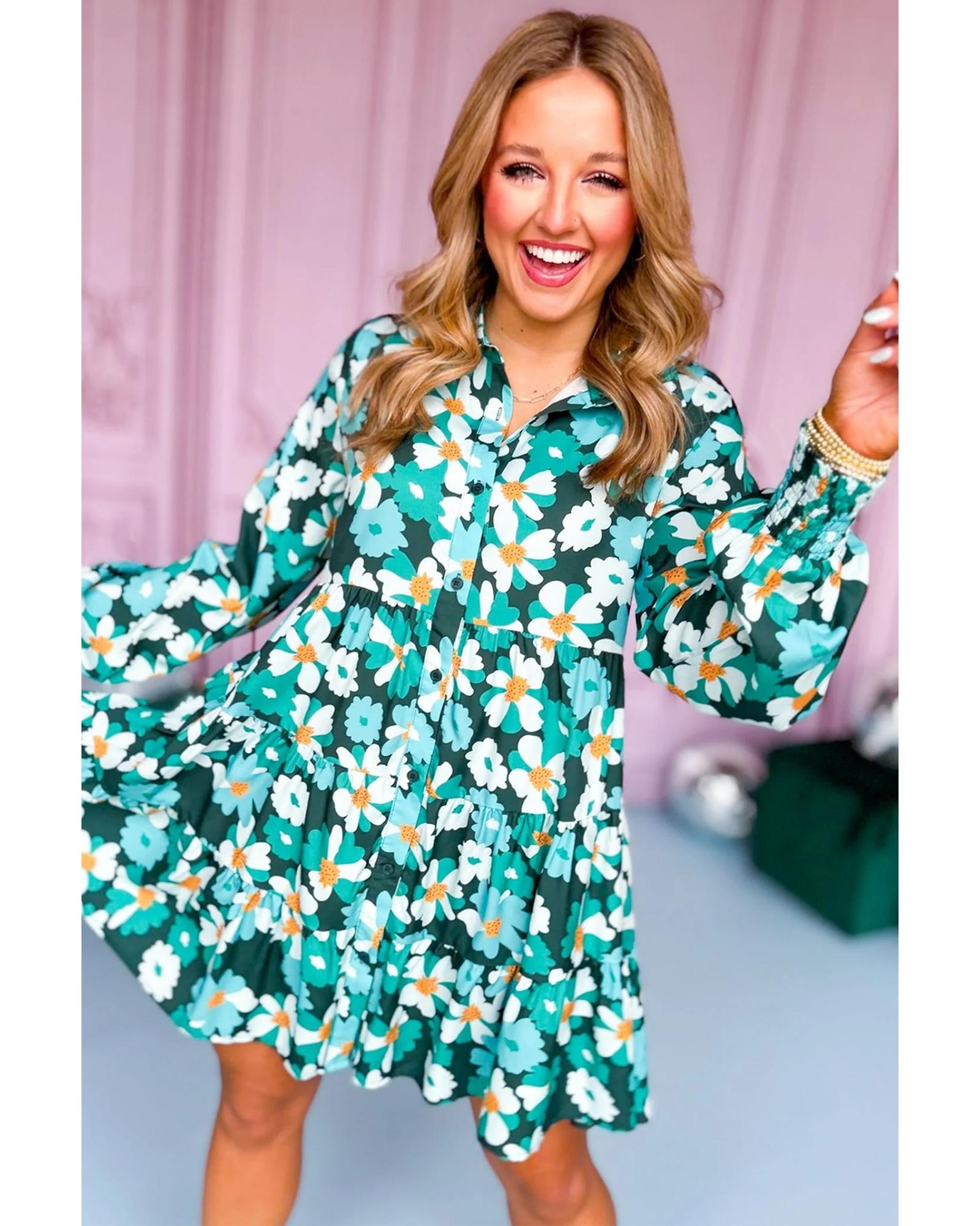 Green Floral Tiered Long Puff Sleeve Shirt Dress - L