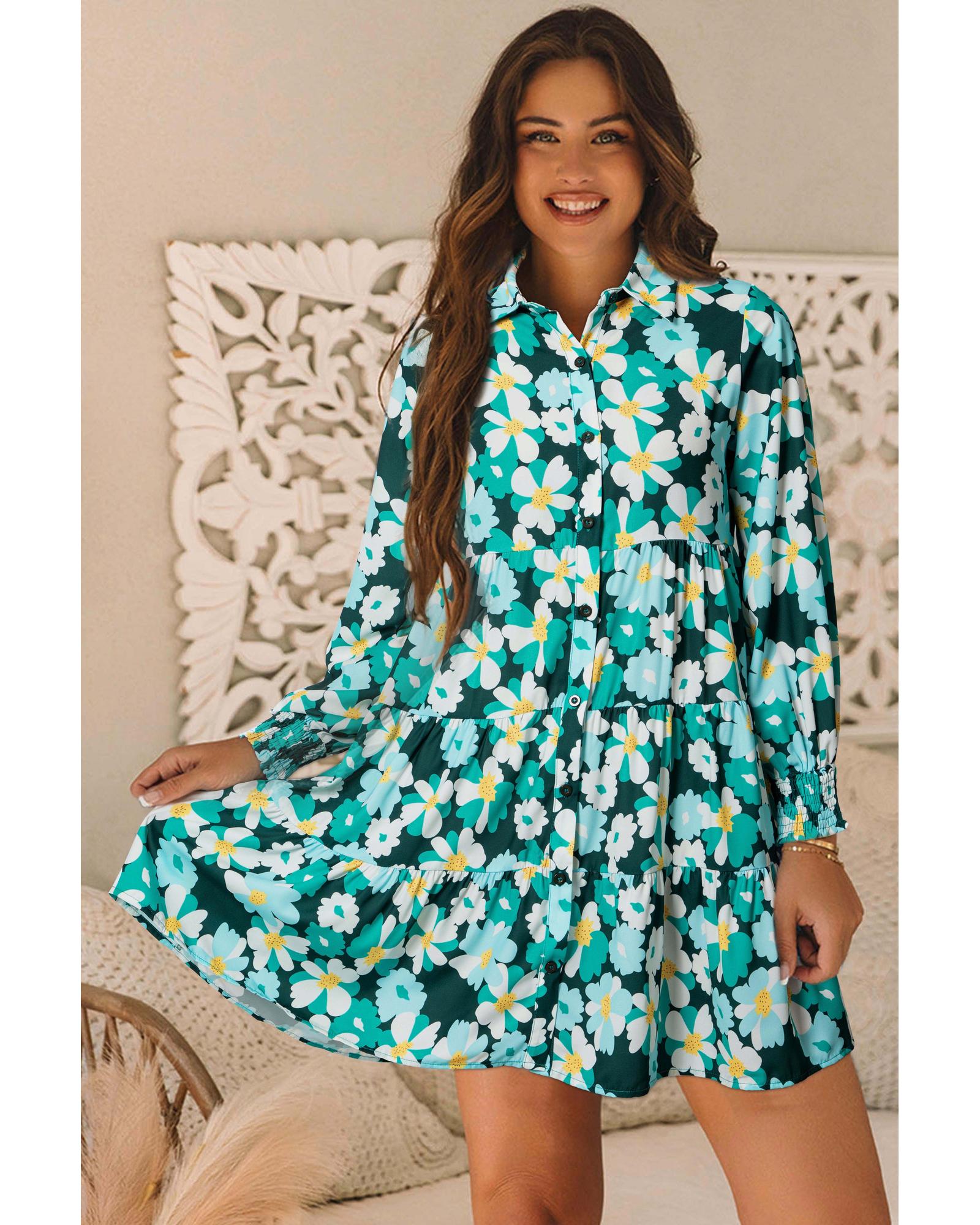 Green Floral Tiered Long Puff Sleeve Shirt Dress - L