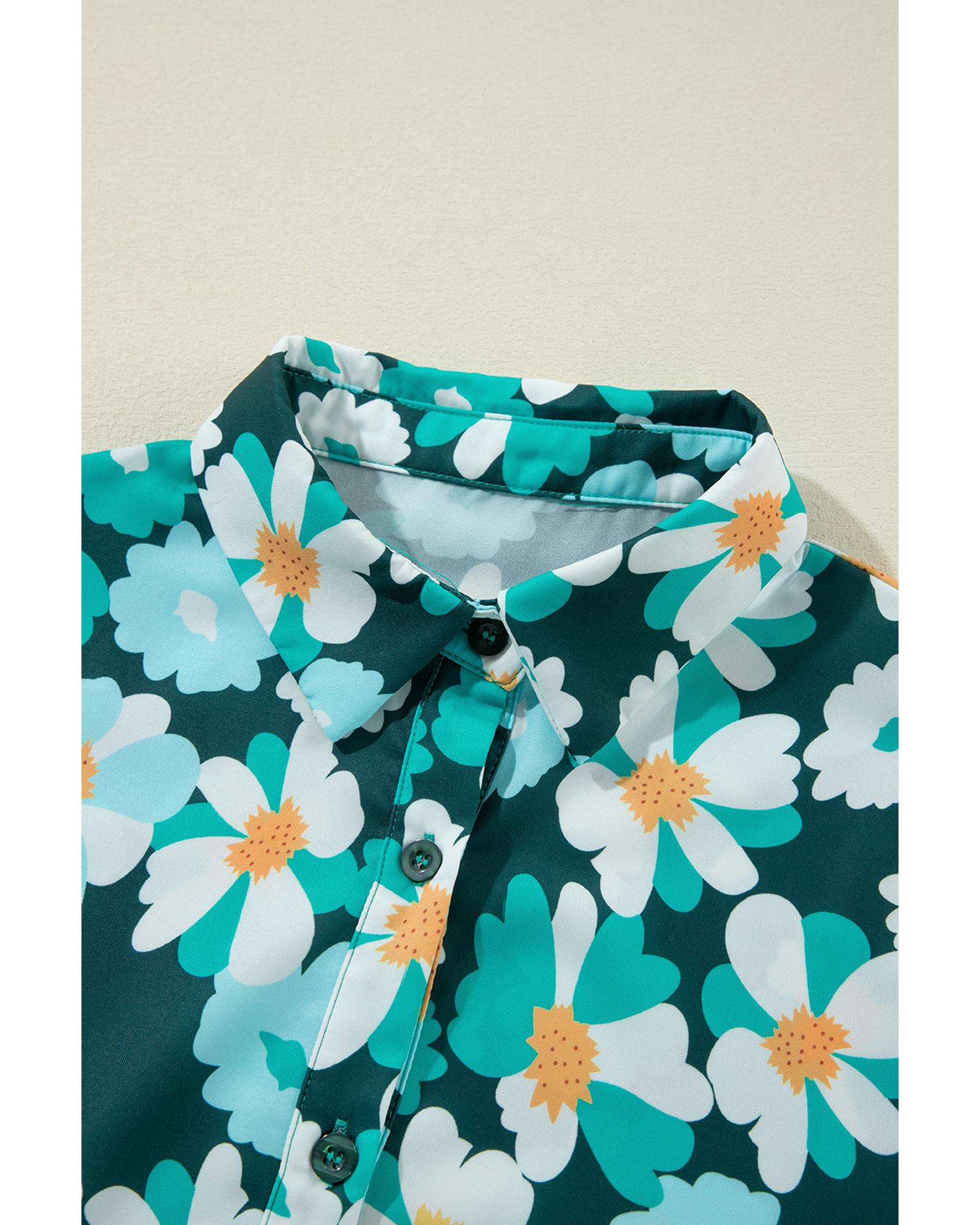 Green Floral Tiered Long Puff Sleeve Shirt Dress - L