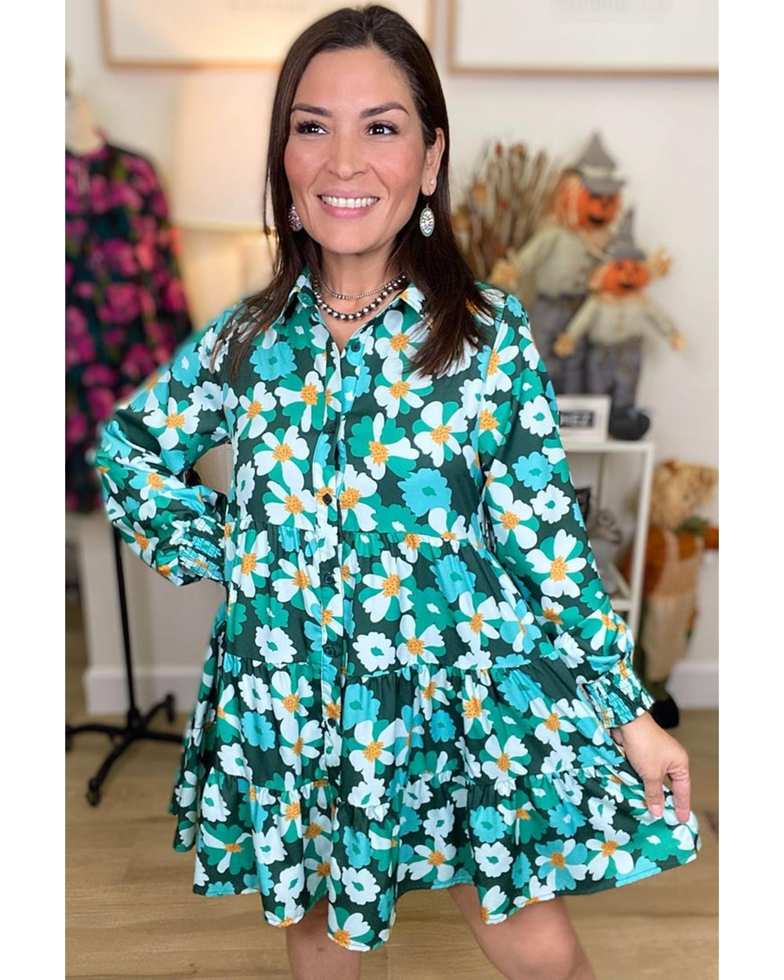Green Floral Tiered Long Puff Sleeve Shirt Dress - L
