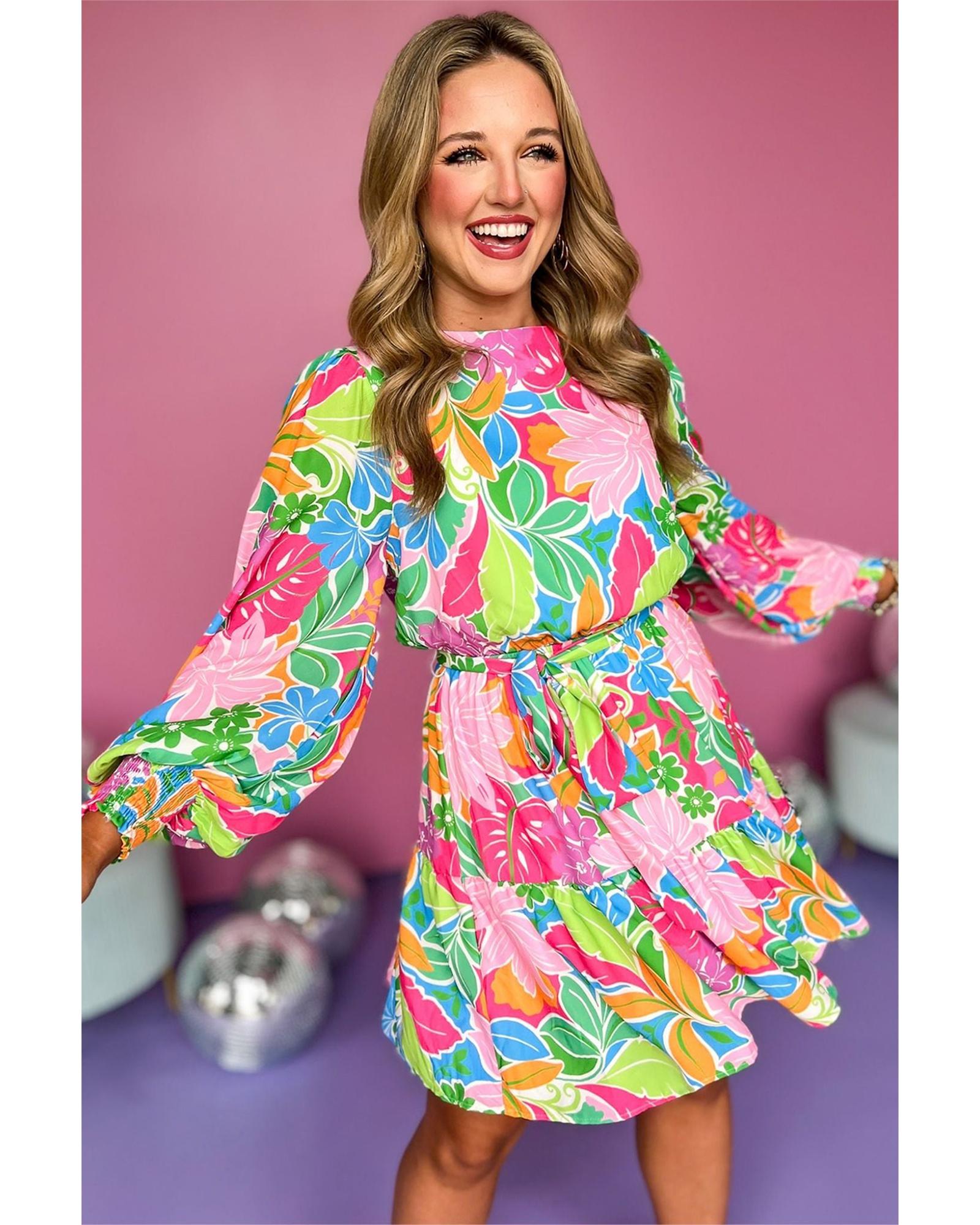Green Multicolor Botanical Bubble Sleeve Mini Dress - L