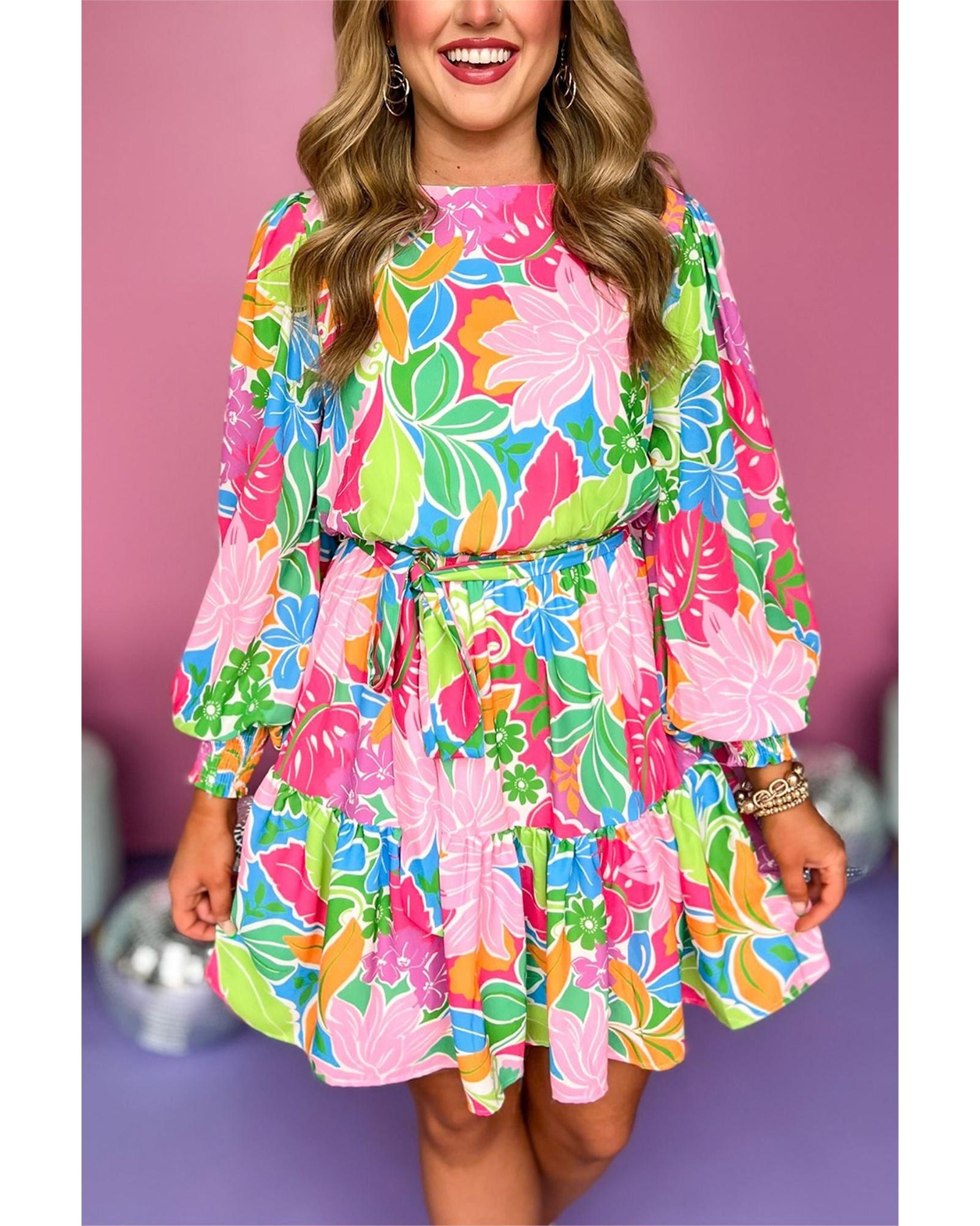 Green Multicolor Botanical Bubble Sleeve Mini Dress - M