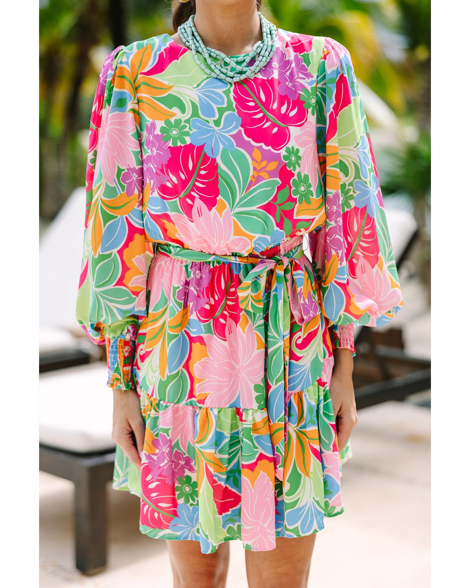 Green Multicolor Botanical Bubble Sleeve Mini Dress - M