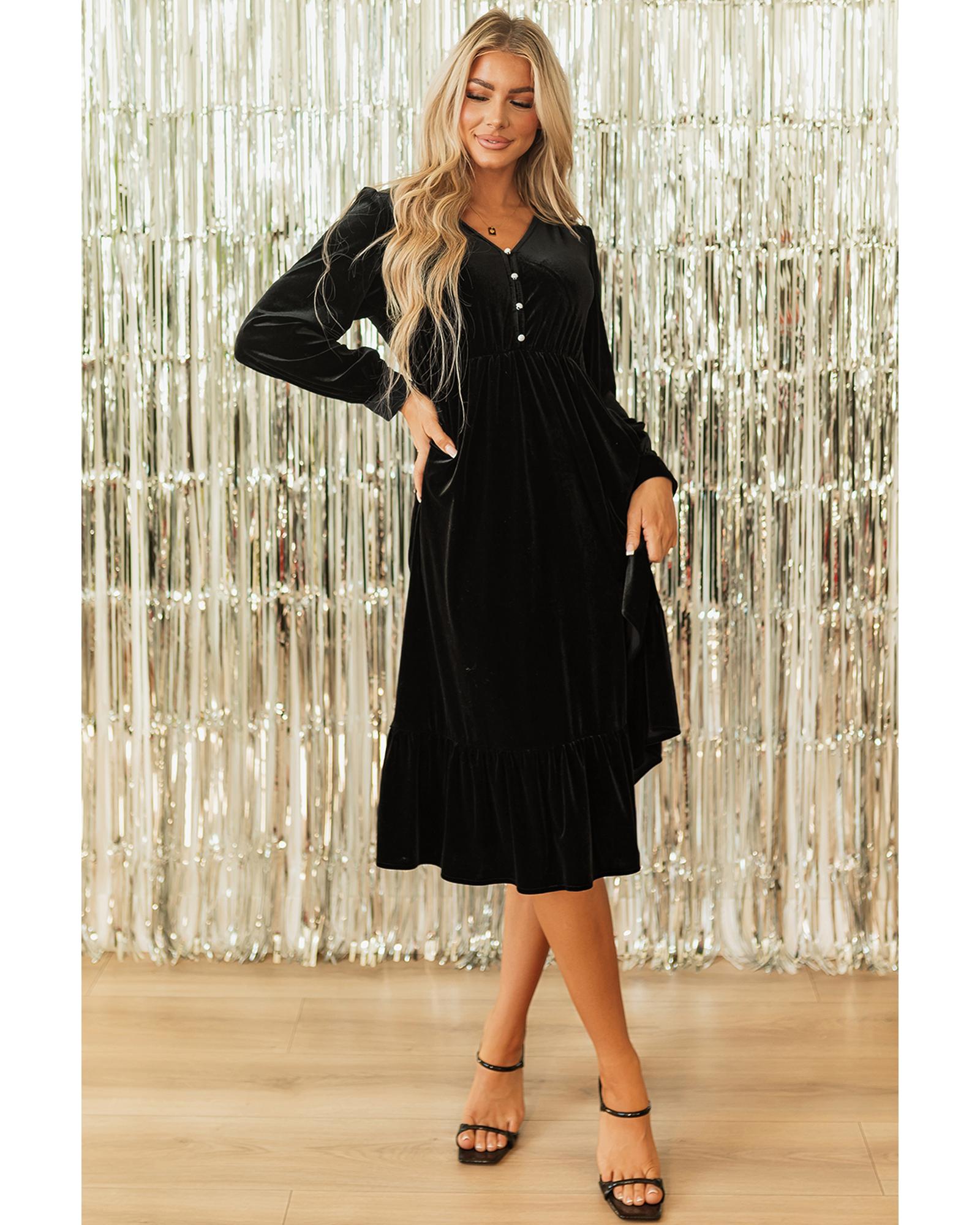 Black Velvet Buttoned Puff Sleeve V Neck Split Midi Dress - S