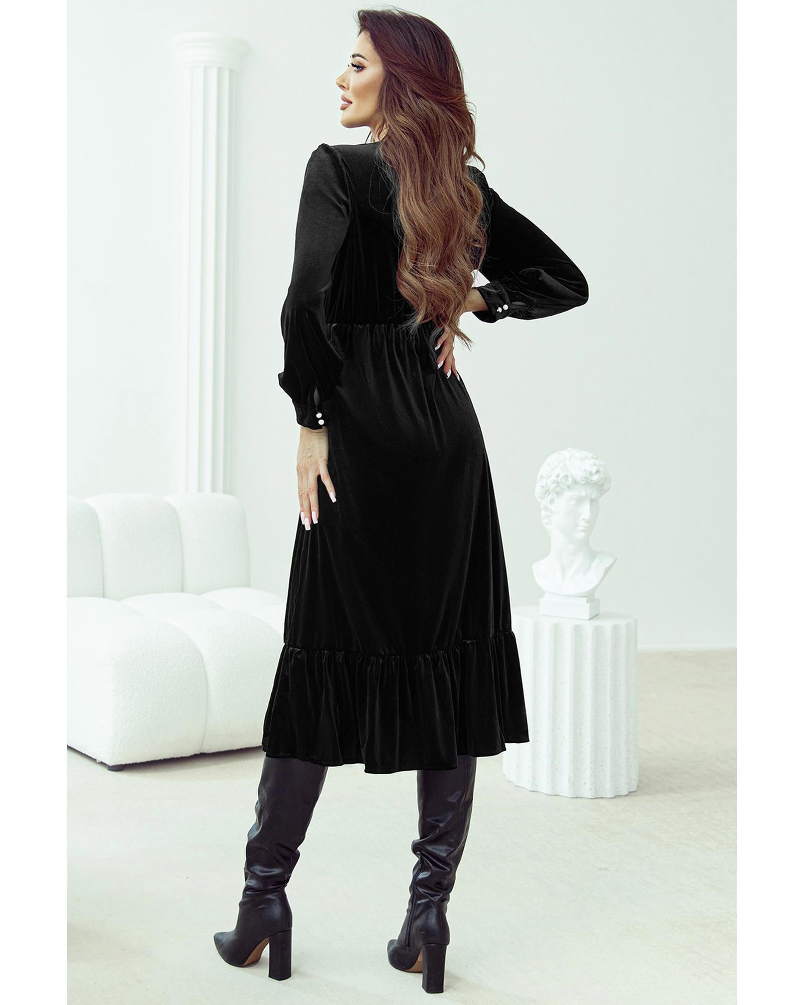 Black Velvet Buttoned Puff Sleeve V Neck Split Midi Dress - S