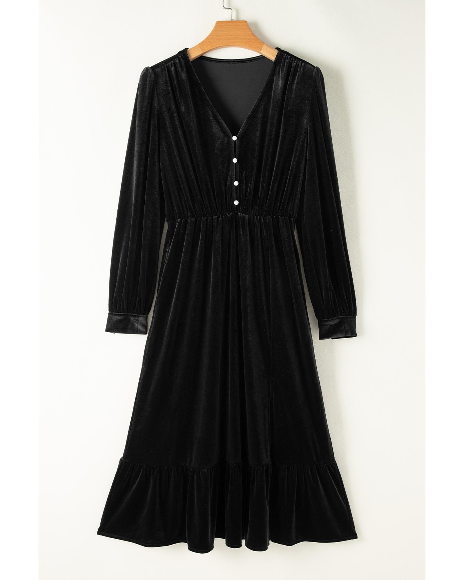 Black Velvet Buttoned Puff Sleeve V Neck Split Midi Dress - S