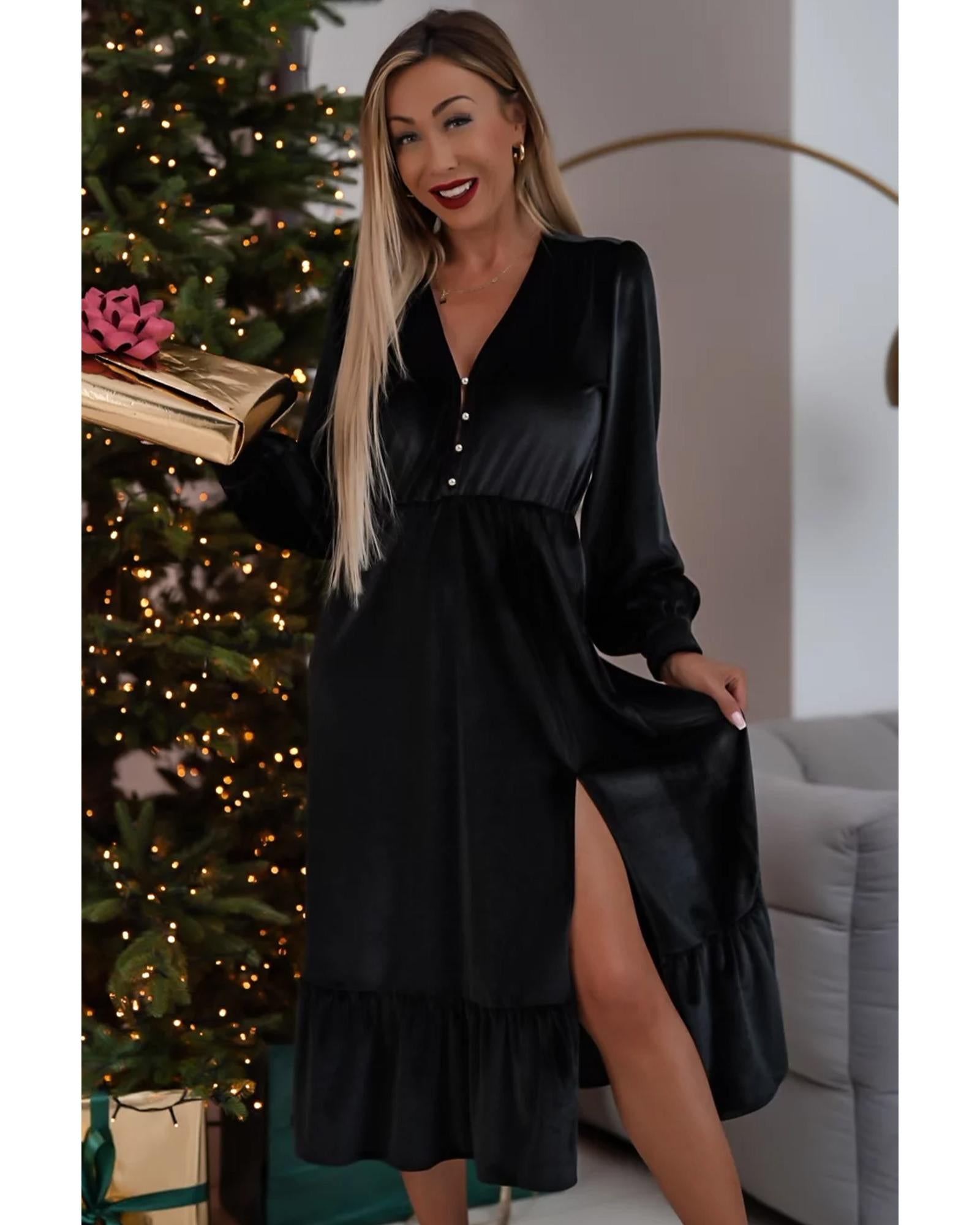 Black Velvet Buttoned Puff Sleeve V Neck Split Midi Dress - S