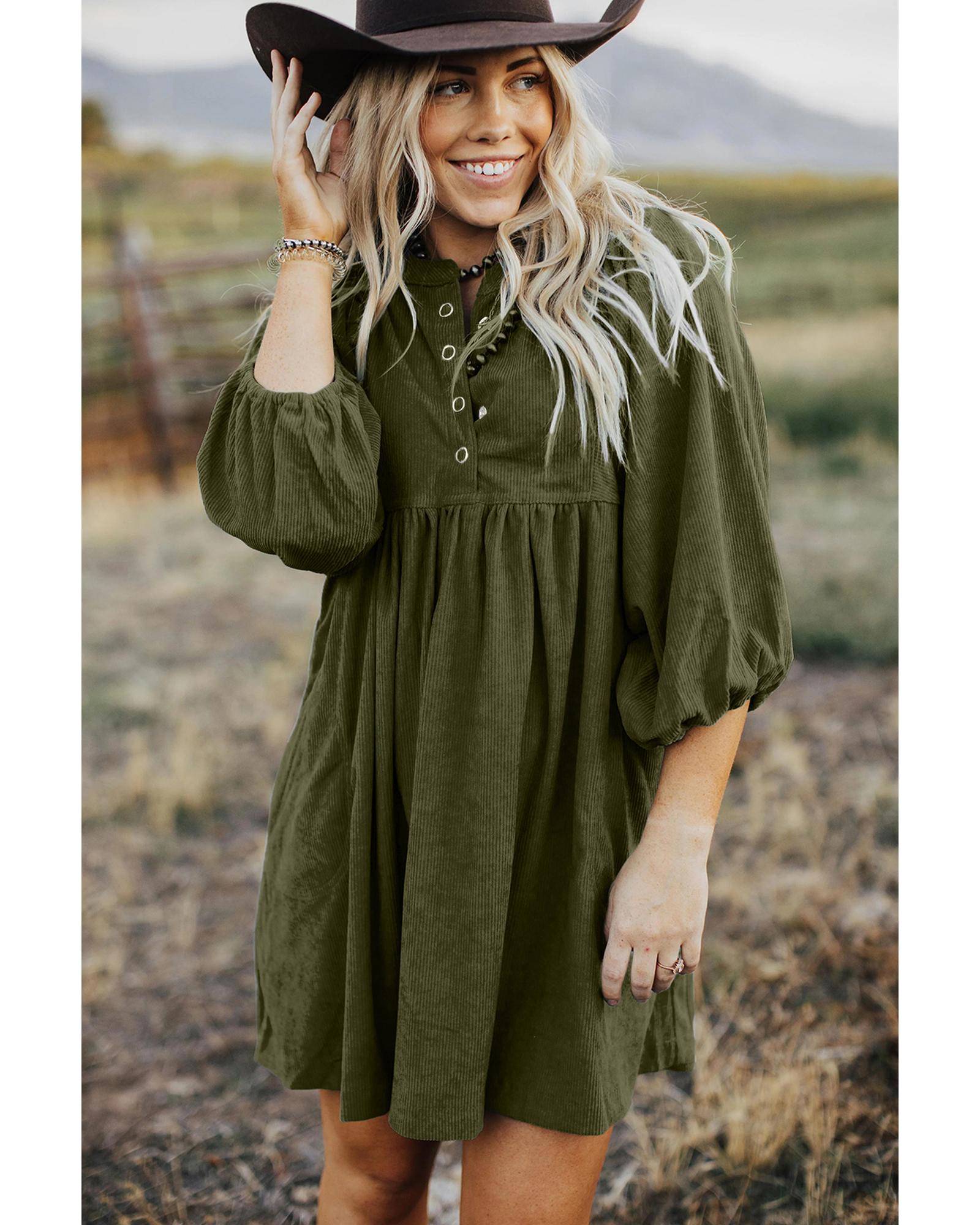 Vineyard Green Corduroy Snap Buttons Empire Waist Bracelet Sleeve Dress - M